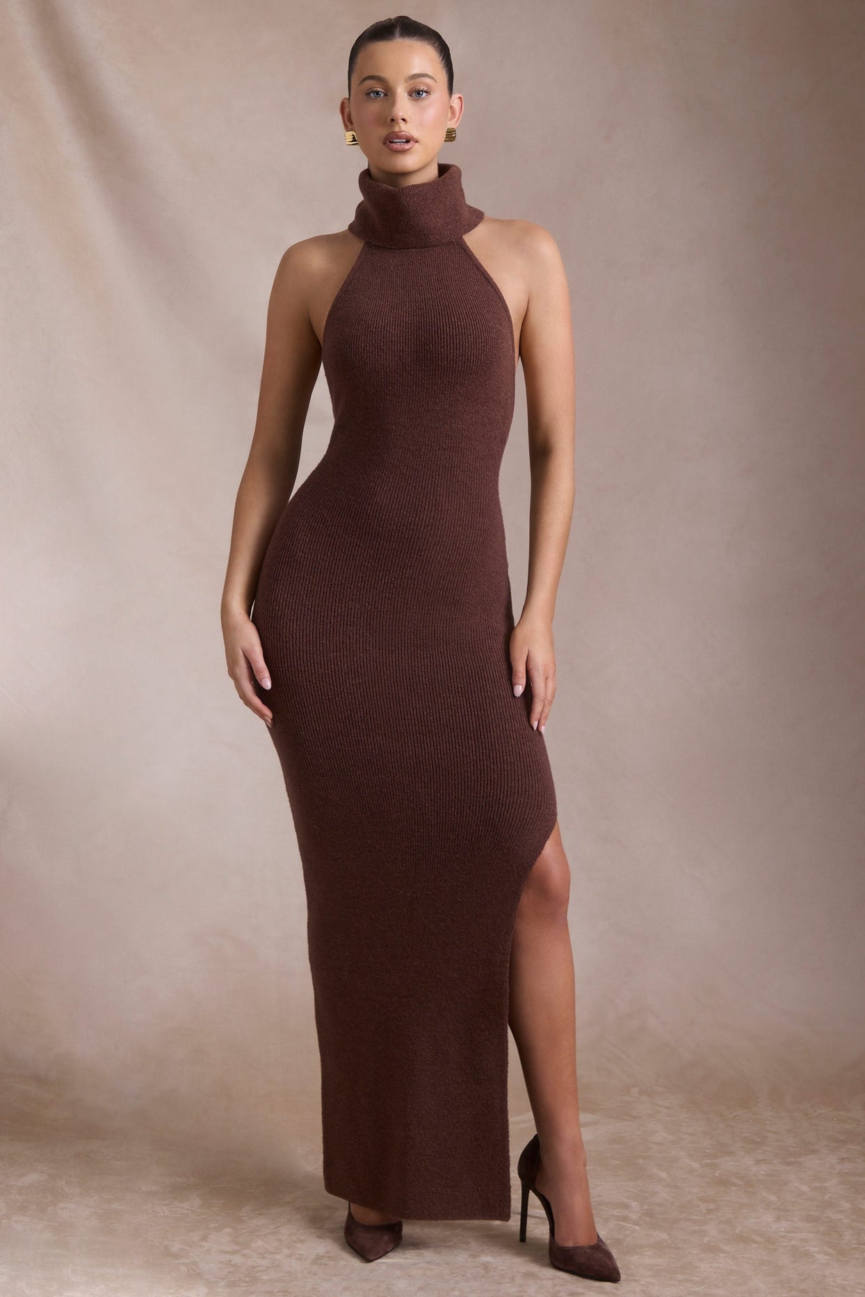 Ribbed-Knit Turtleneck Backless Maxi Dress in Espresso