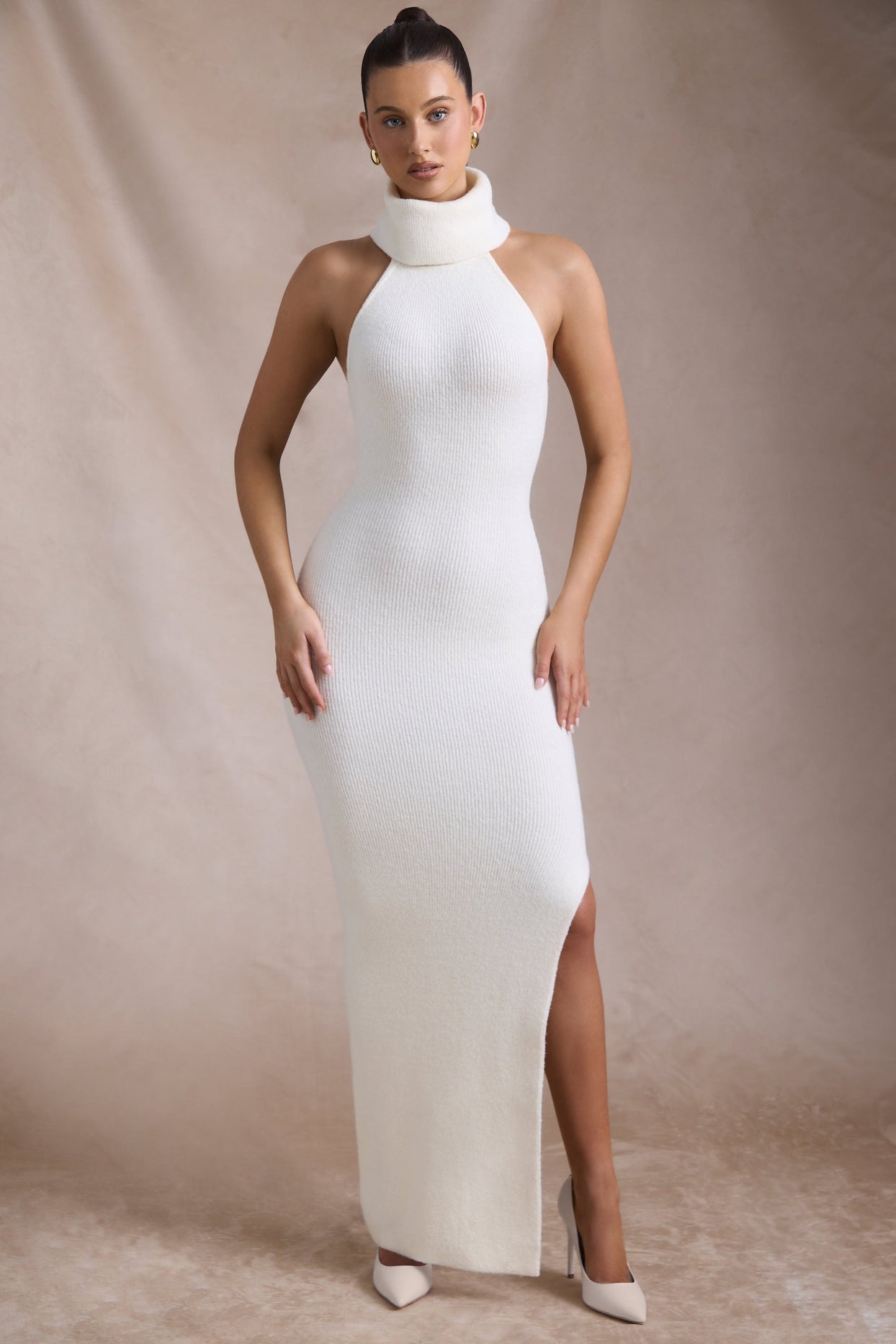 Ribbed-Knit Turtleneck Backless Maxi Dress in Ivory