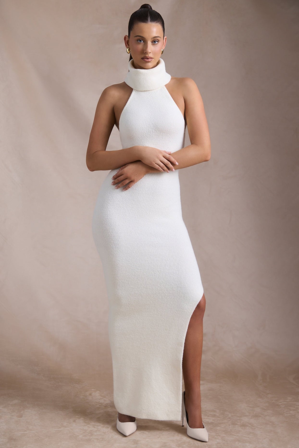 Ribbed-Knit Turtleneck Backless Maxi Dress in Ivory