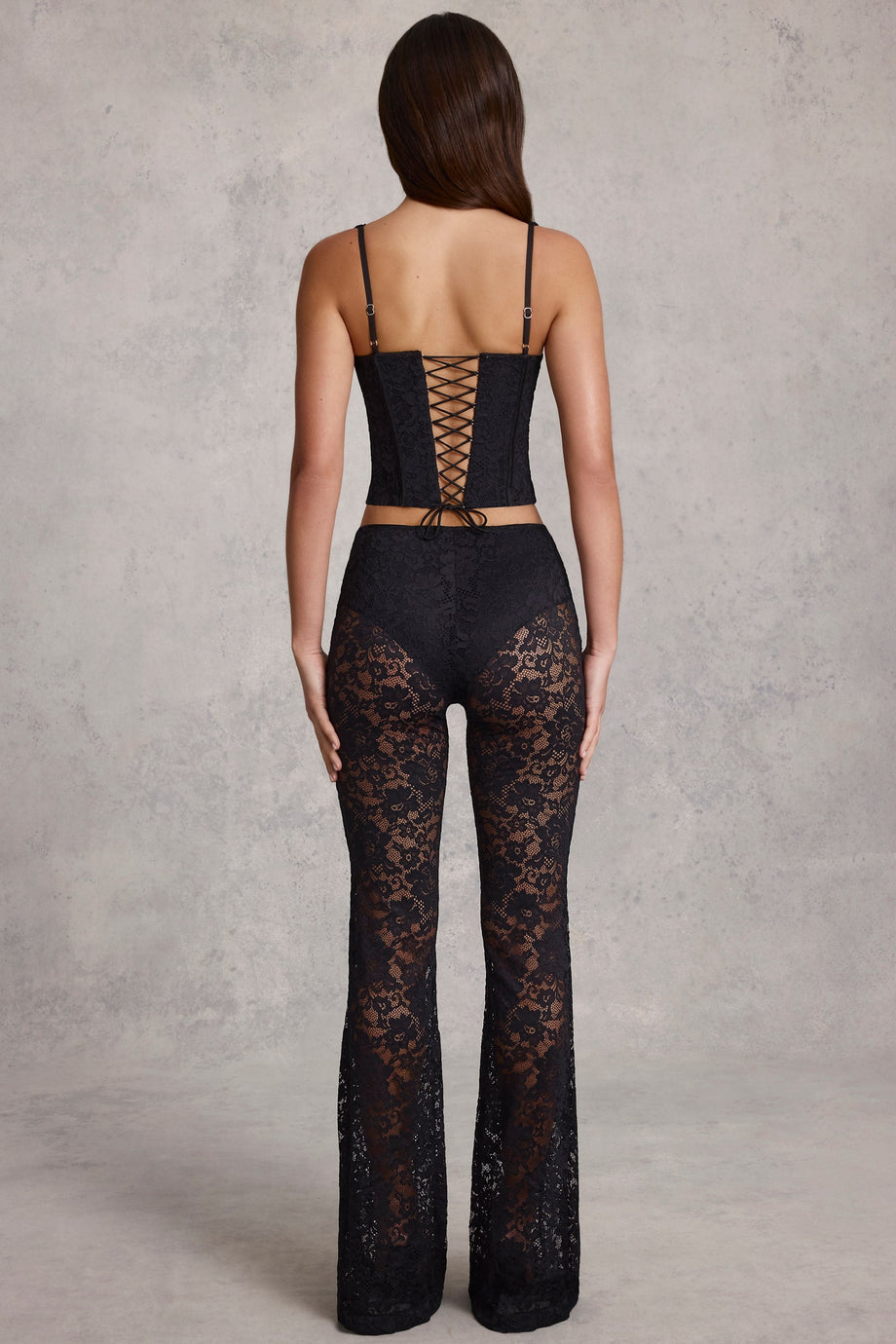 Mid-Rise Lace Flared Trousers in Black