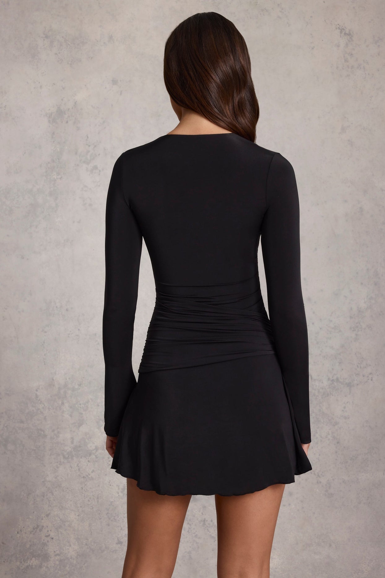 Ruched Long-Sleeve A-Line Mini Dress in Black