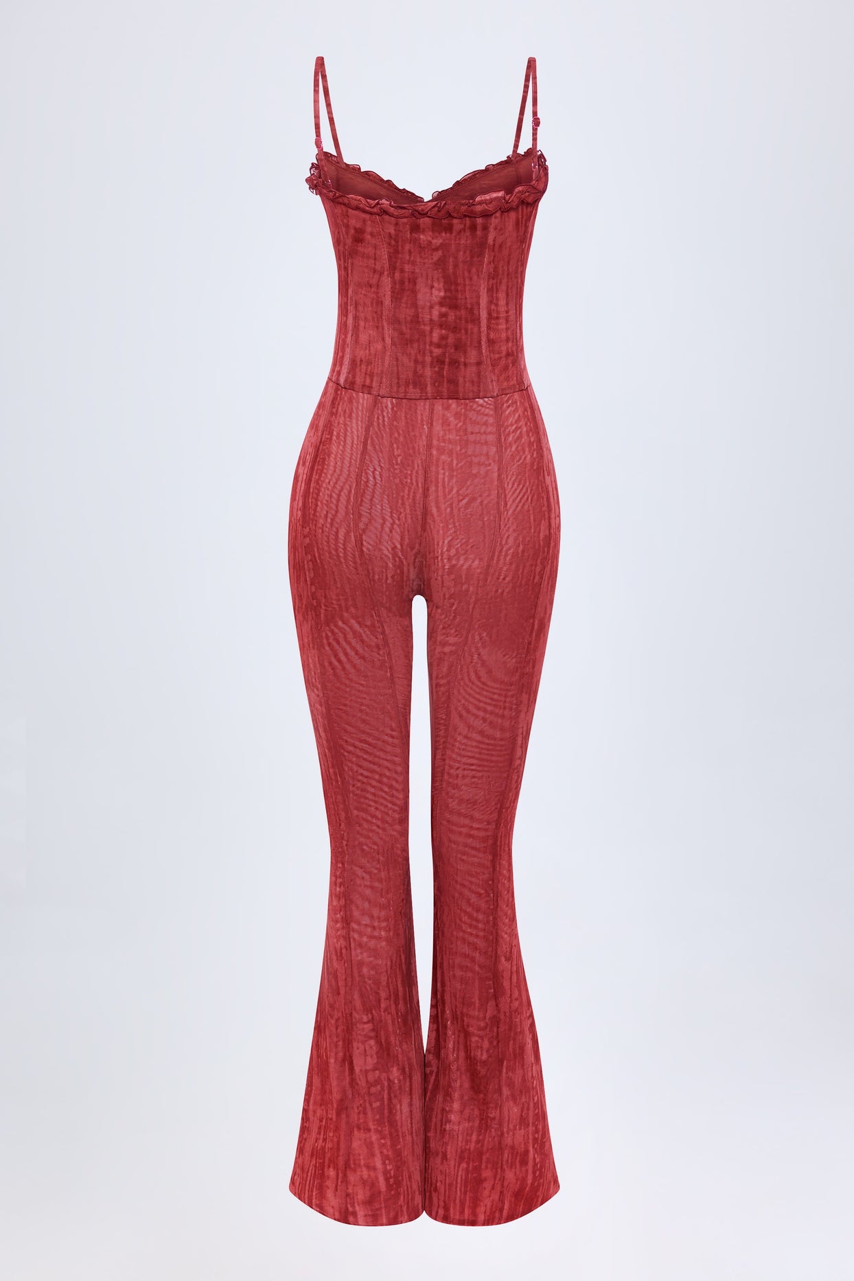 Carmen Lace-Up Ruffled Flared Jumpsuit in Red Print Oh Polly