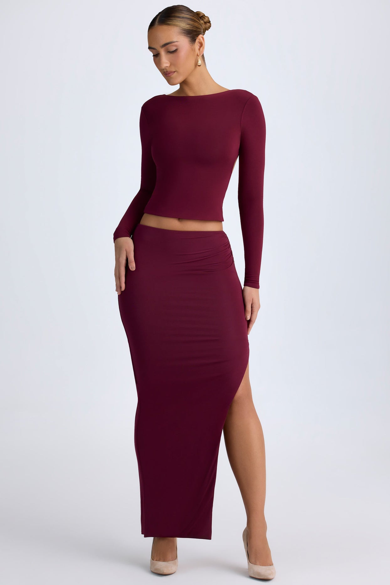 Modal Low-Rise Maxi Skirt in Wine Red