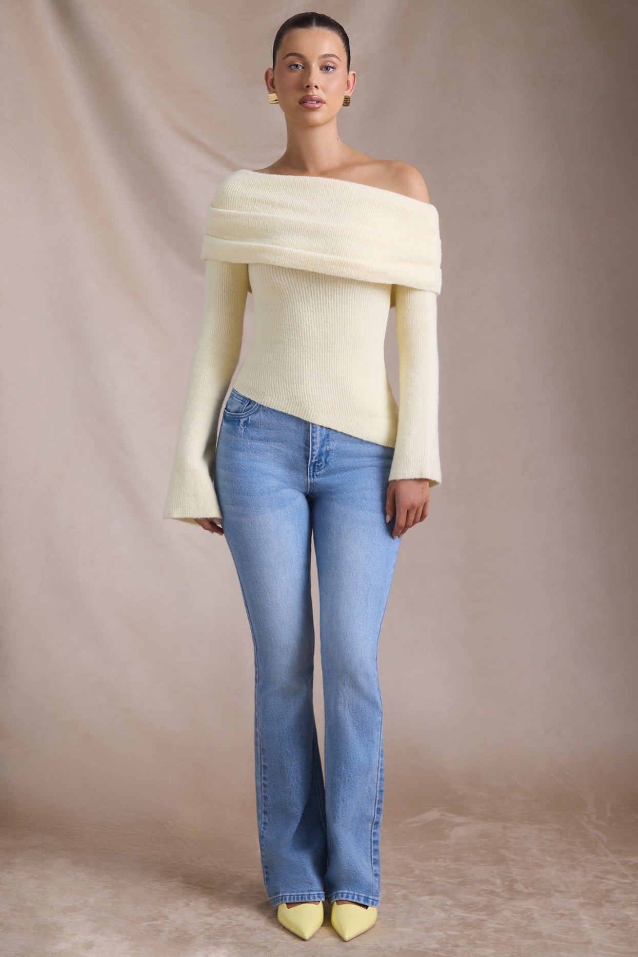 Ribbed-Knit Asymmetric Off-Shoulder Jumper in Butter Yellow