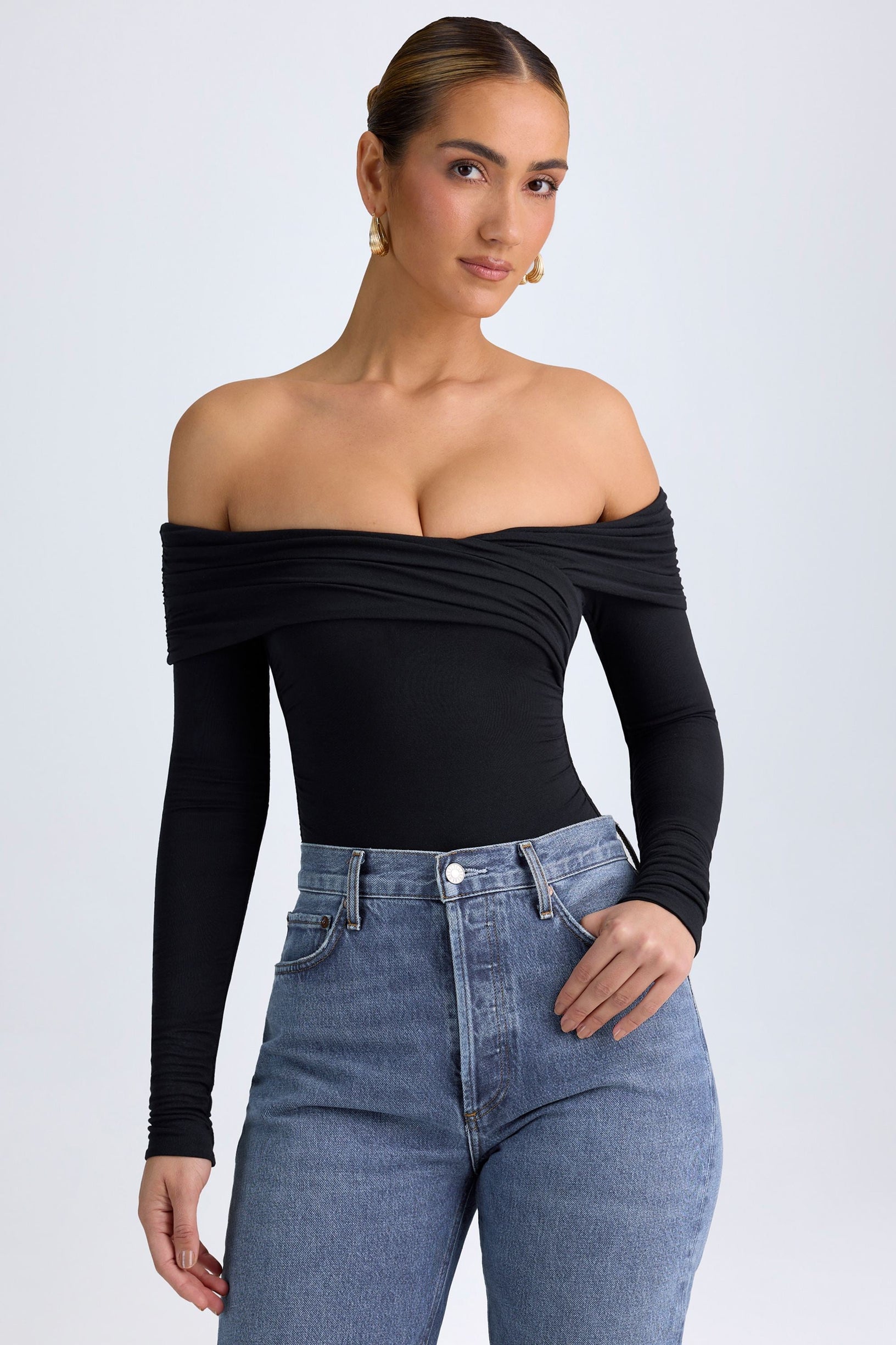 Modal Off-Shoulder Ruched Bodysuit in Black - 1