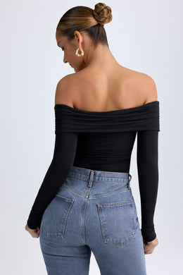 Modal Off-Shoulder Ruched Bodysuit in Black