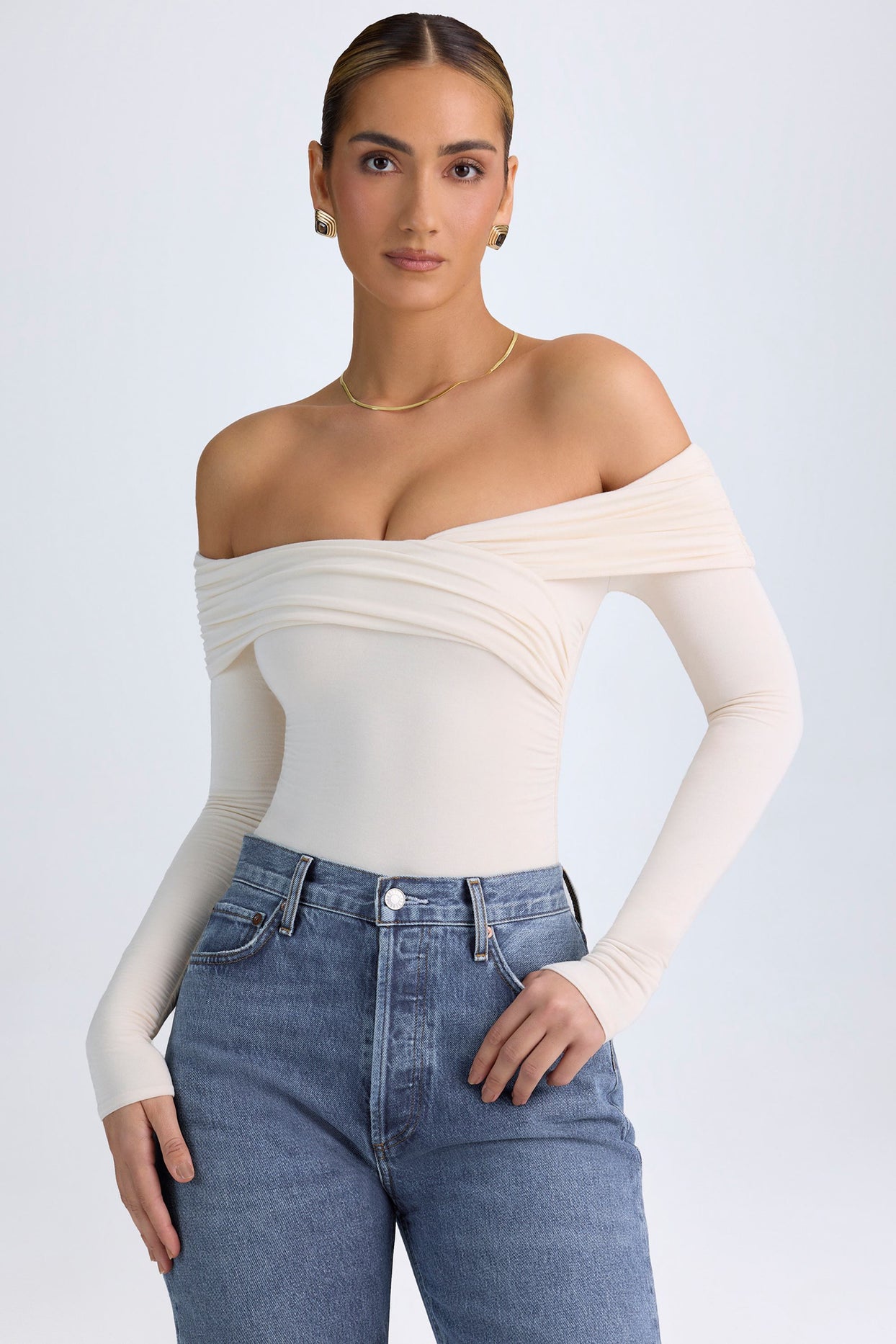 Modal Off-Shoulder Ruched Bodysuit in Ivory