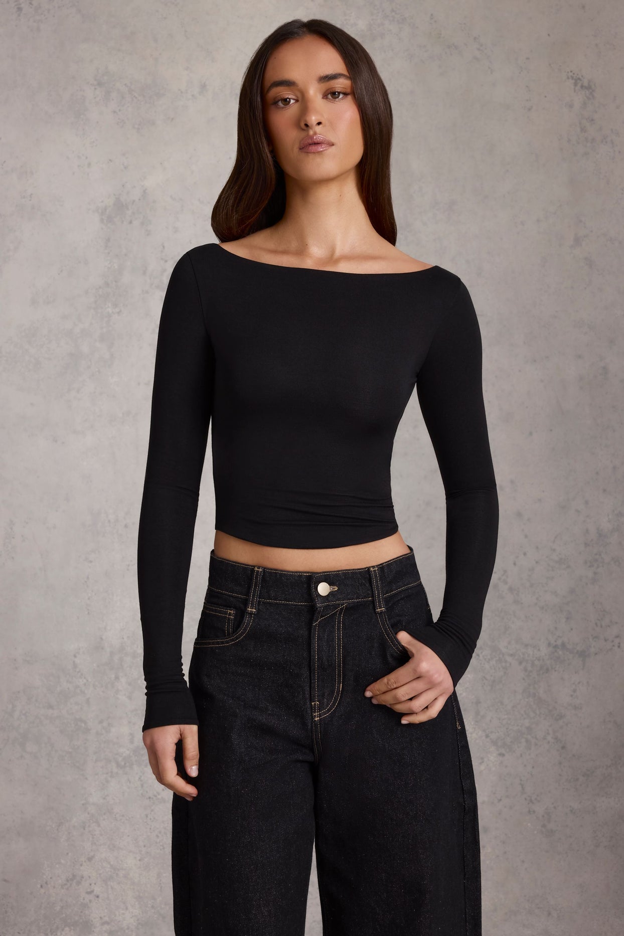 Modal Boat-Neck Long-Sleeve Top in Black