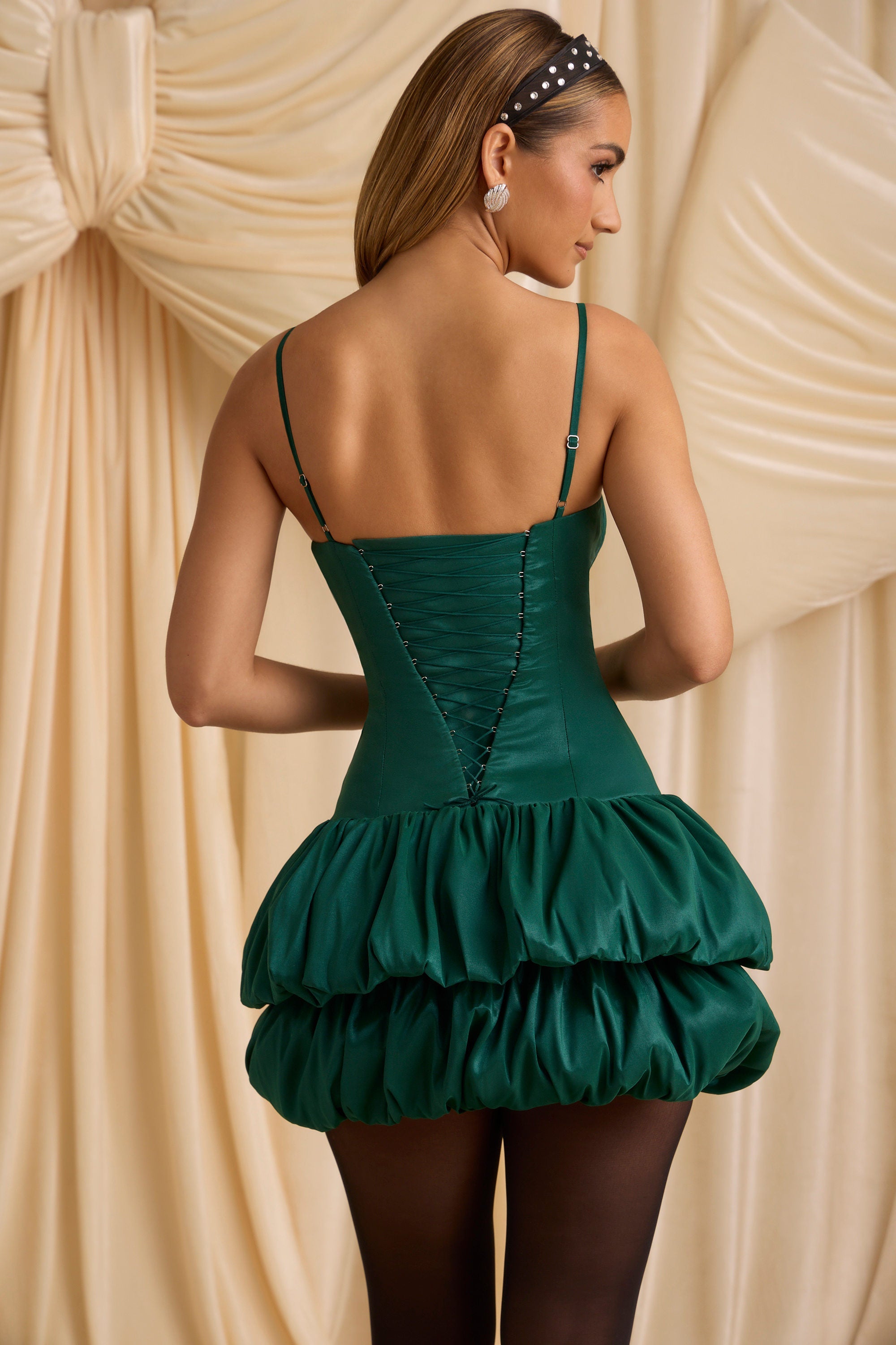 Satin Bubble Hem Corset Mini Dress in Emerald Green