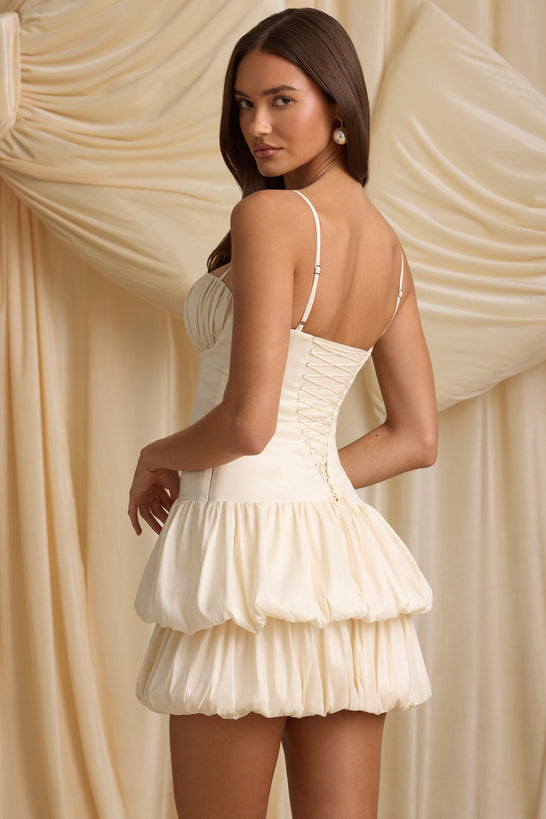 Satin Bubble Hem Corset Mini Dress in Ivory