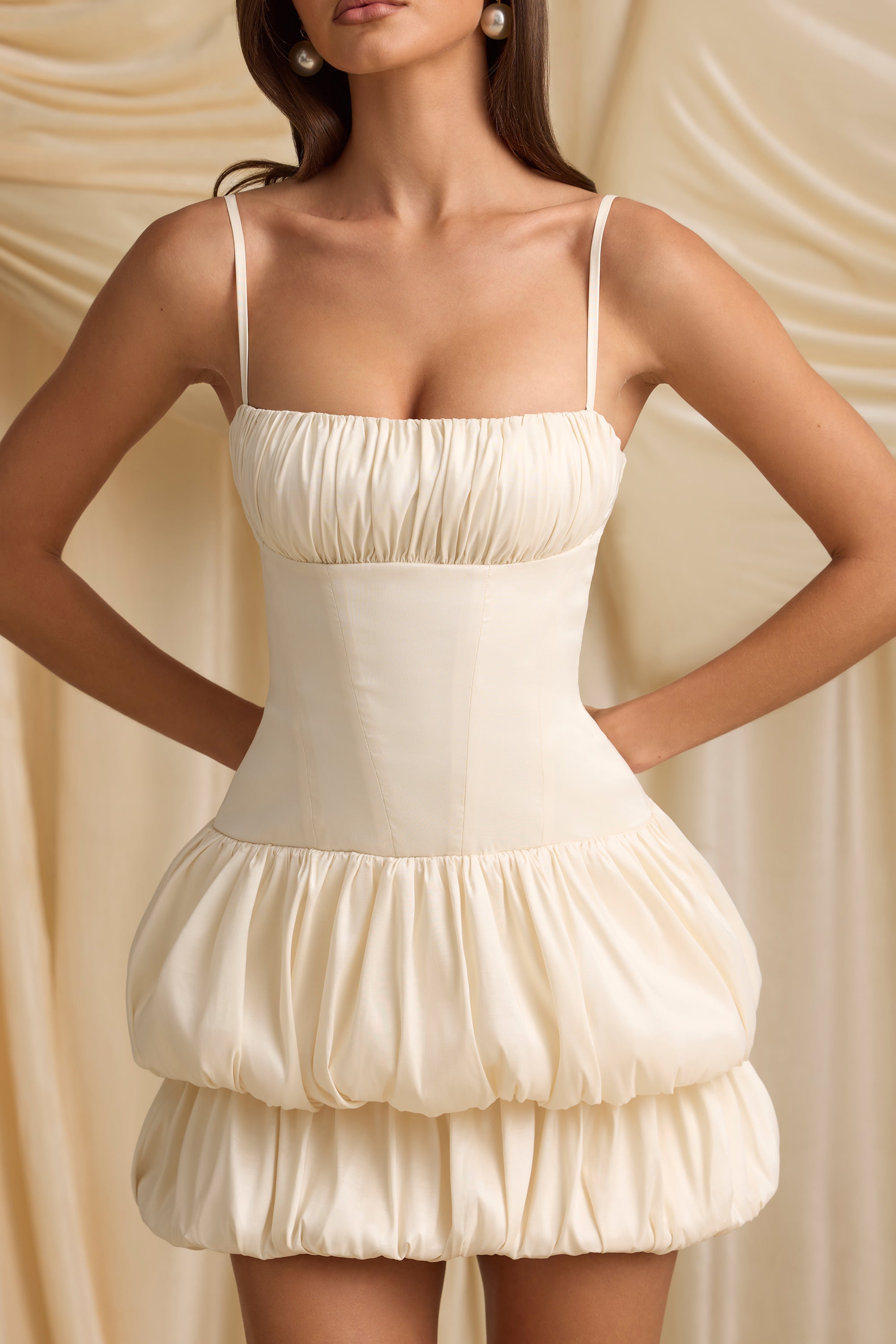 Satin Bubble Hem Corset Mini Dress in Ivory