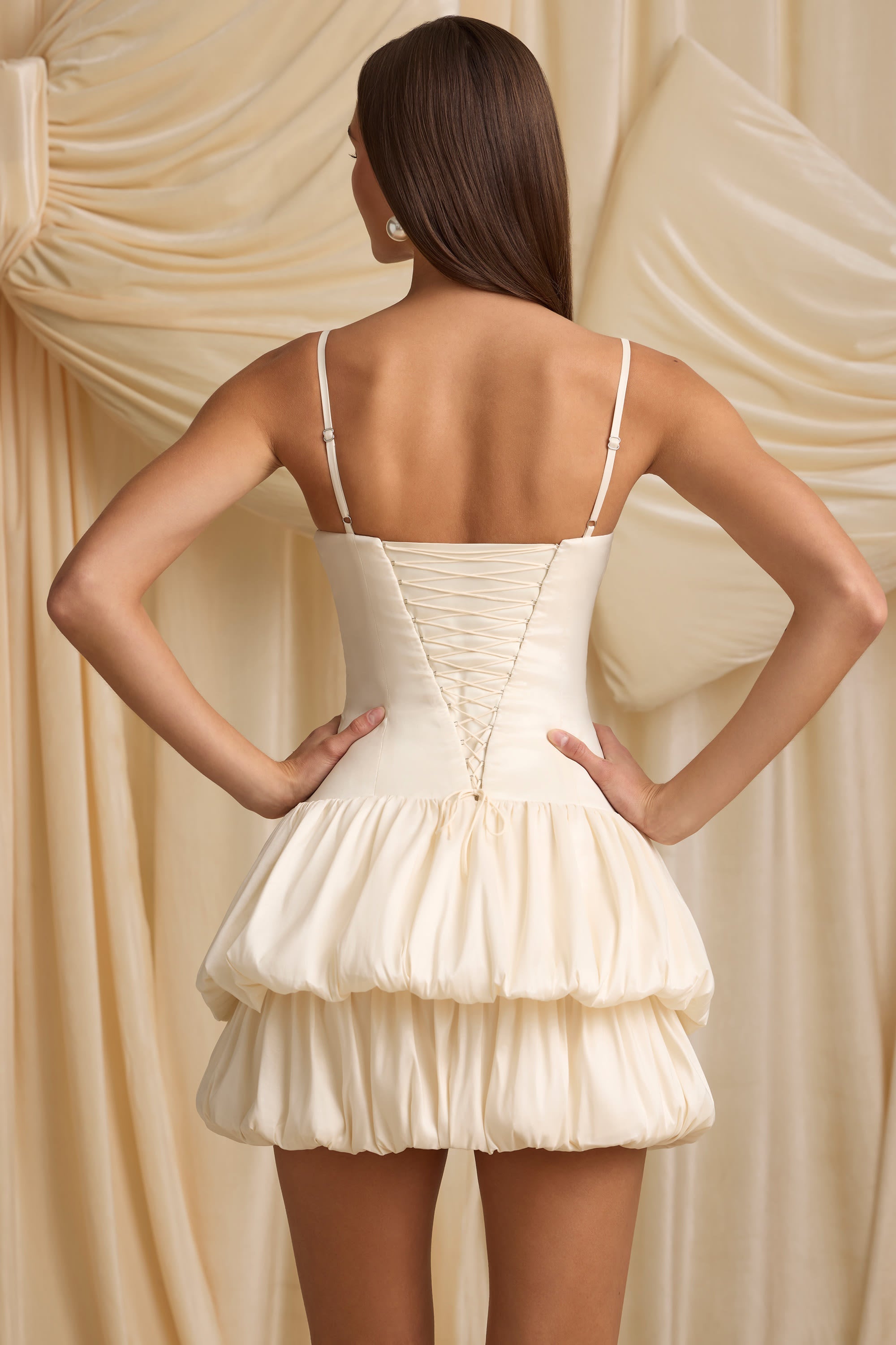 Satin Bubble Hem Corset Mini Dress in Ivory