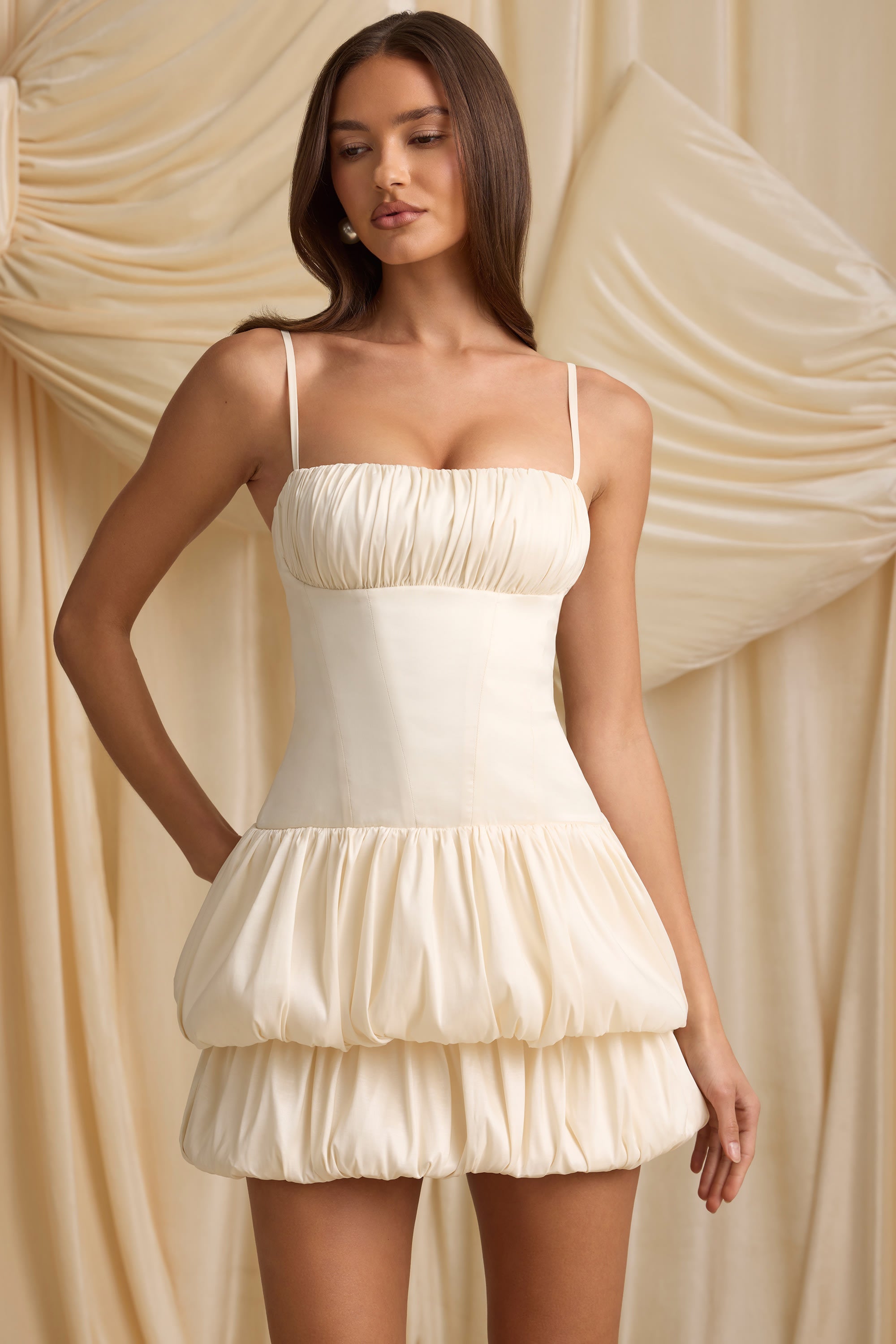 Satin Bubble Hem Corset Mini Dress in Ivory