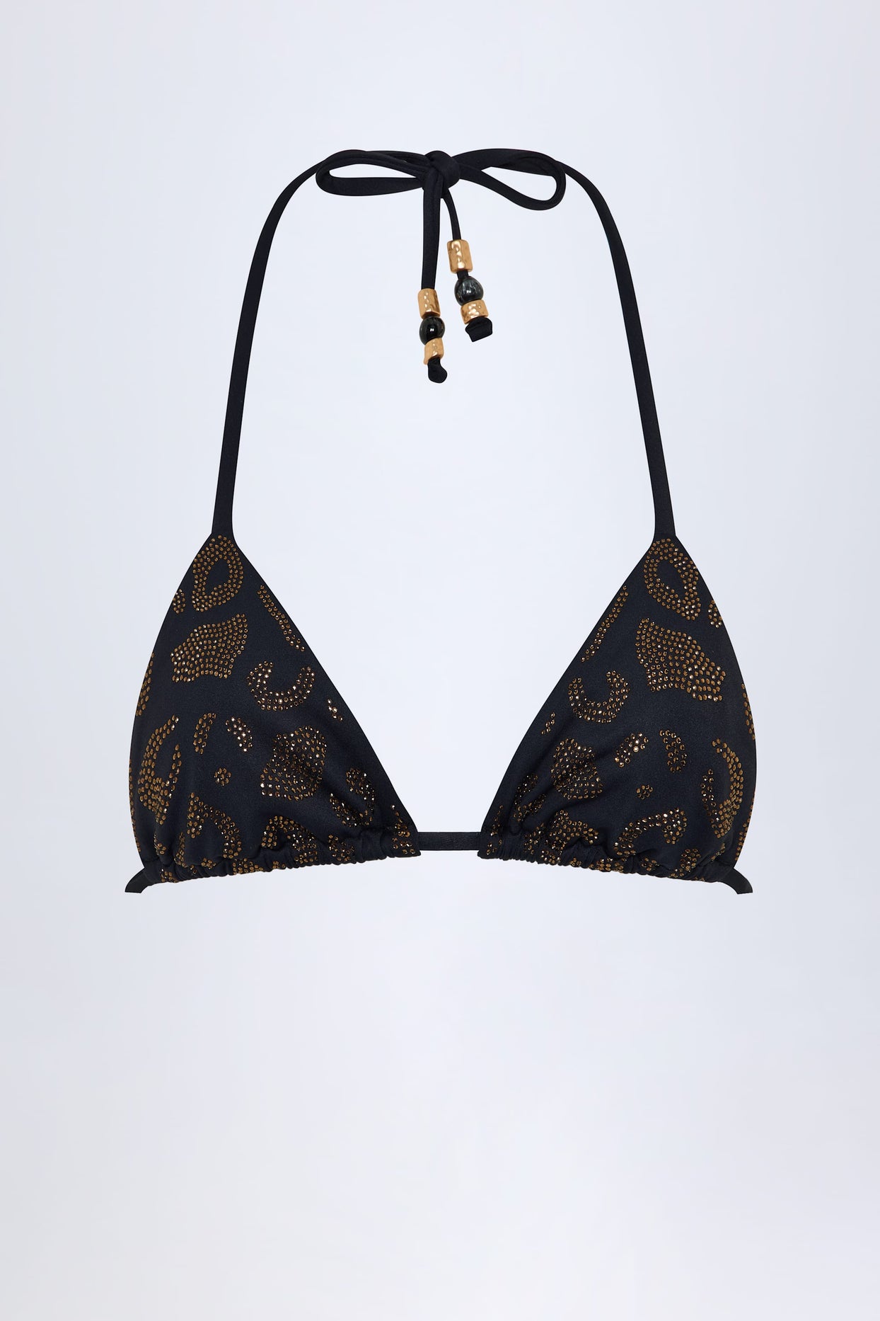 Charm-Detail Triangle Bikini Top in Black Leopard Hotfix