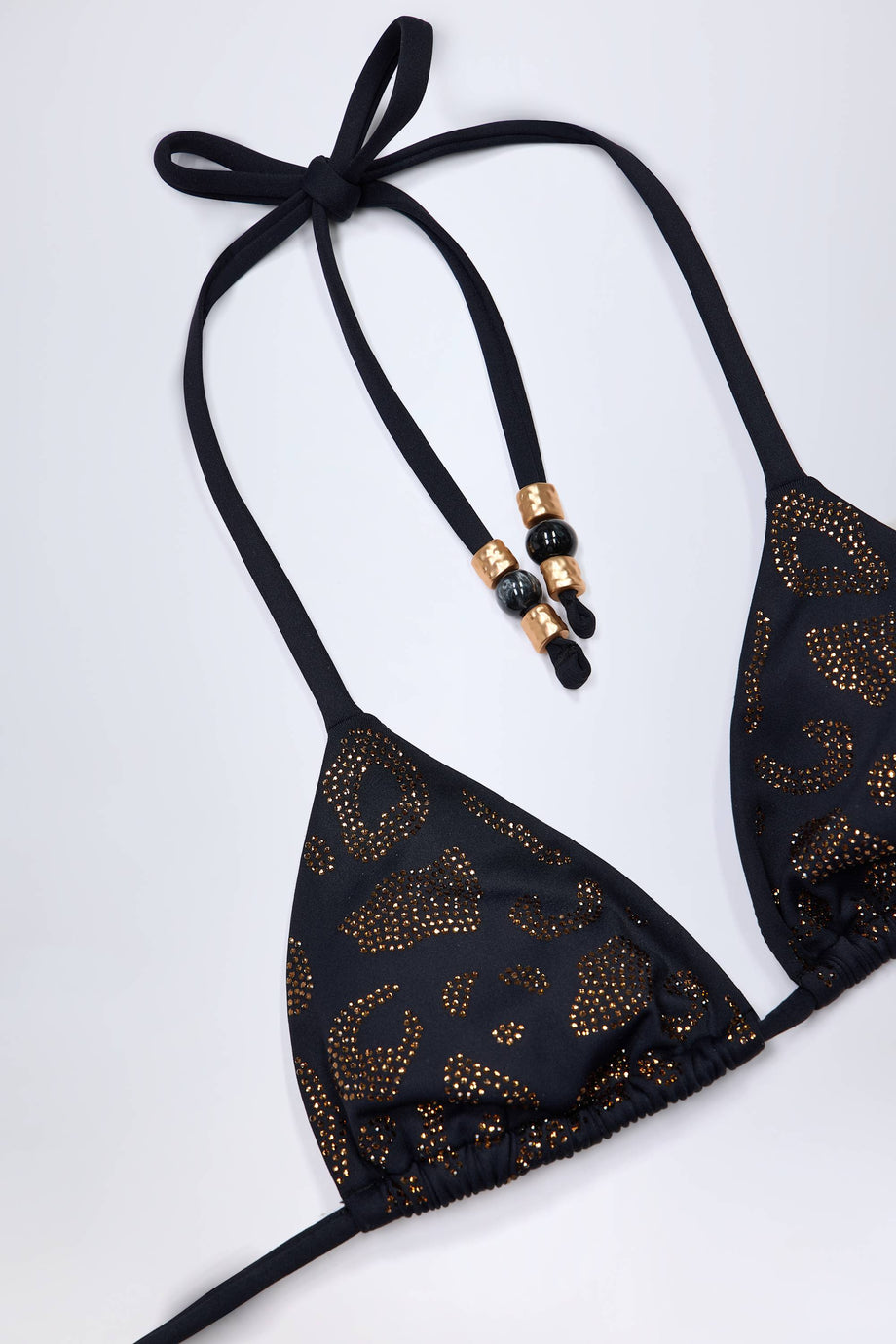 Charm-Detail Triangle Bikini Top in Black Leopard Hotfix