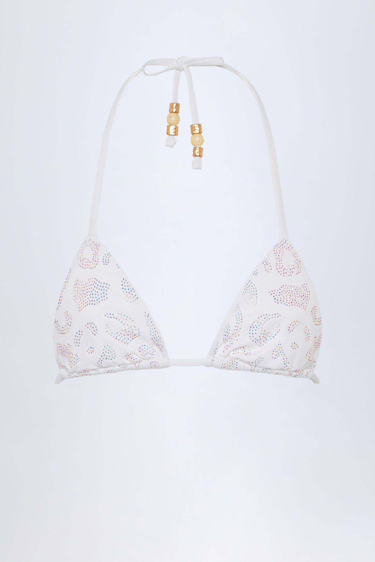 Charm-Detail Triangle Bikini Top in White Leopard Hotfix