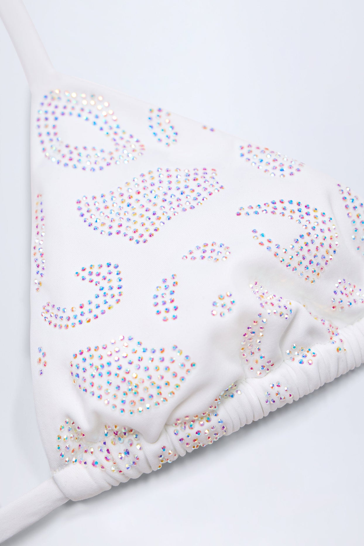 Charm-Detail Triangle Bikini Top in White Leopard Hotfix