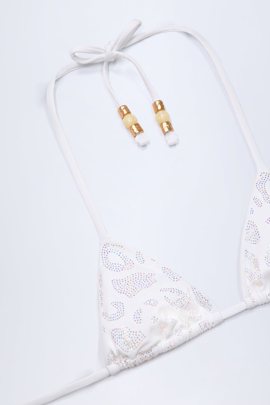Charm-Detail Triangle Bikini Top in White Leopard Hotfix