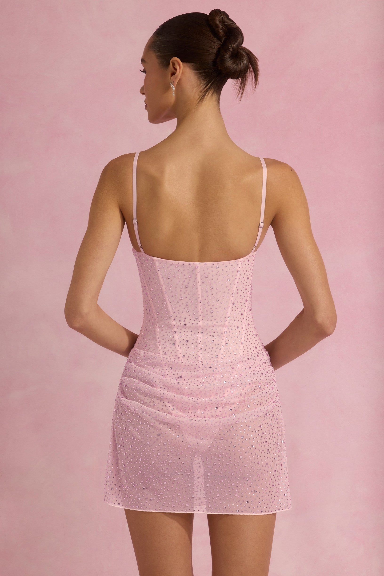 Semi-Sheer Embellished Draped Corset Mini Dress in Pink - 2