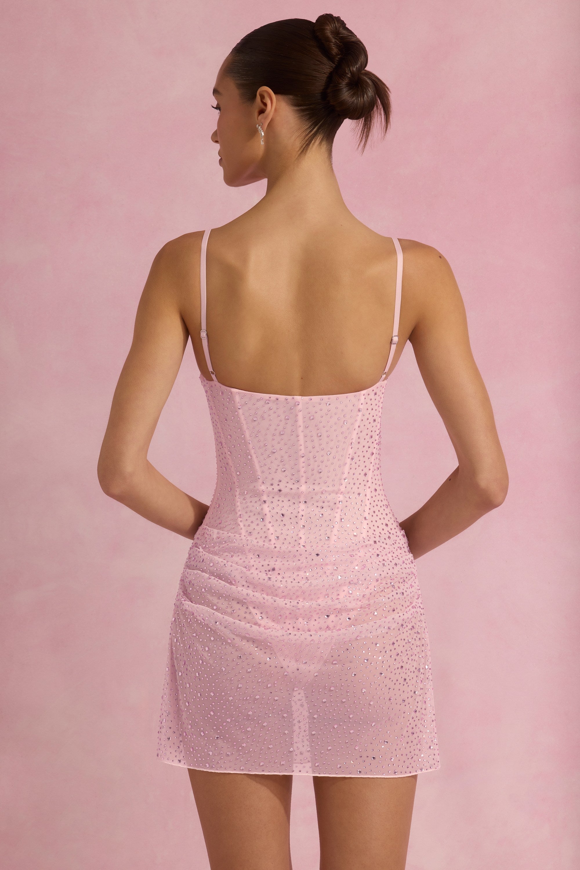 Semi-Sheer Embellished Draped Corset Mini Dress in White main image 0