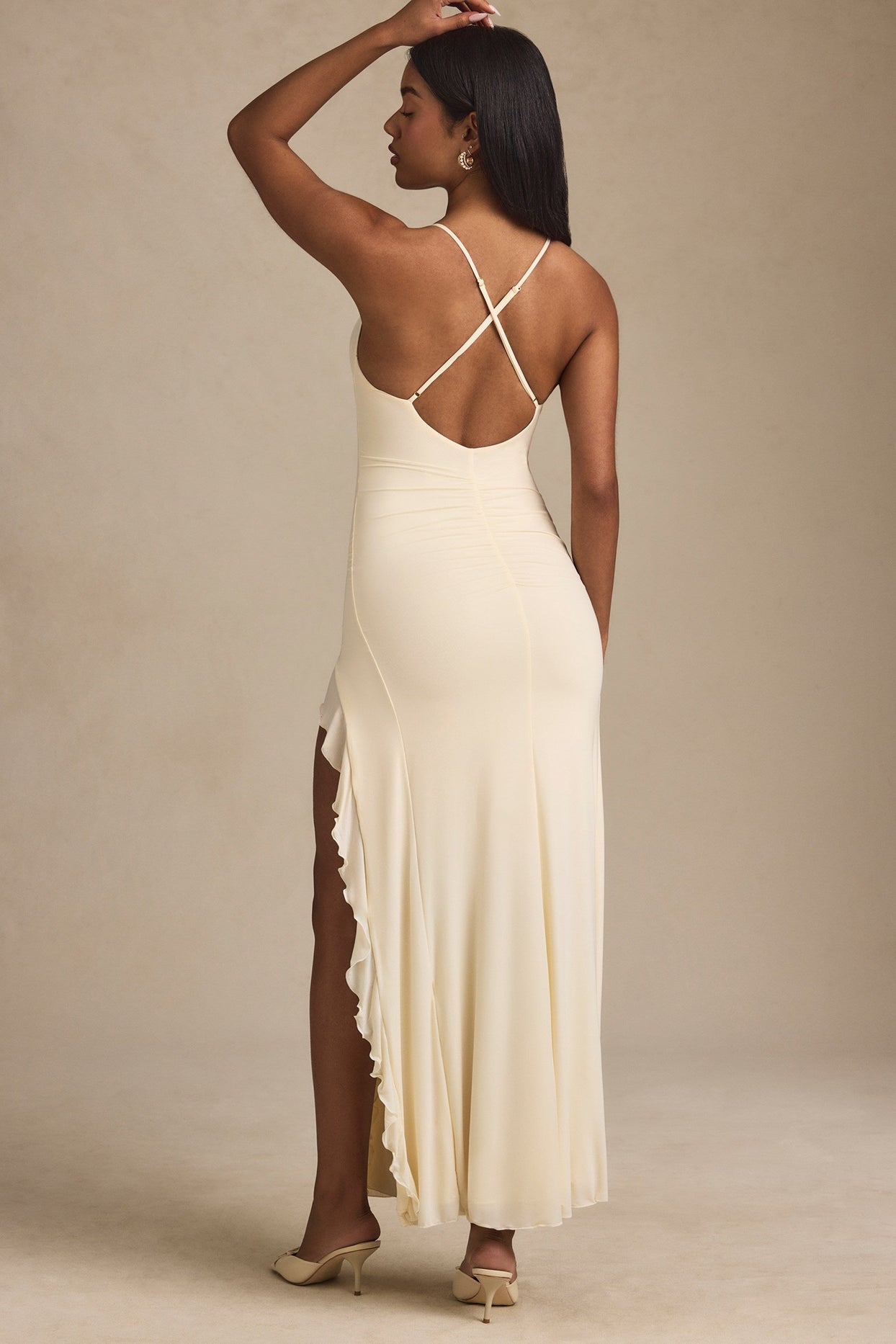 Ruched Ruffle-Trim Maxi Dress in Ivory - 2