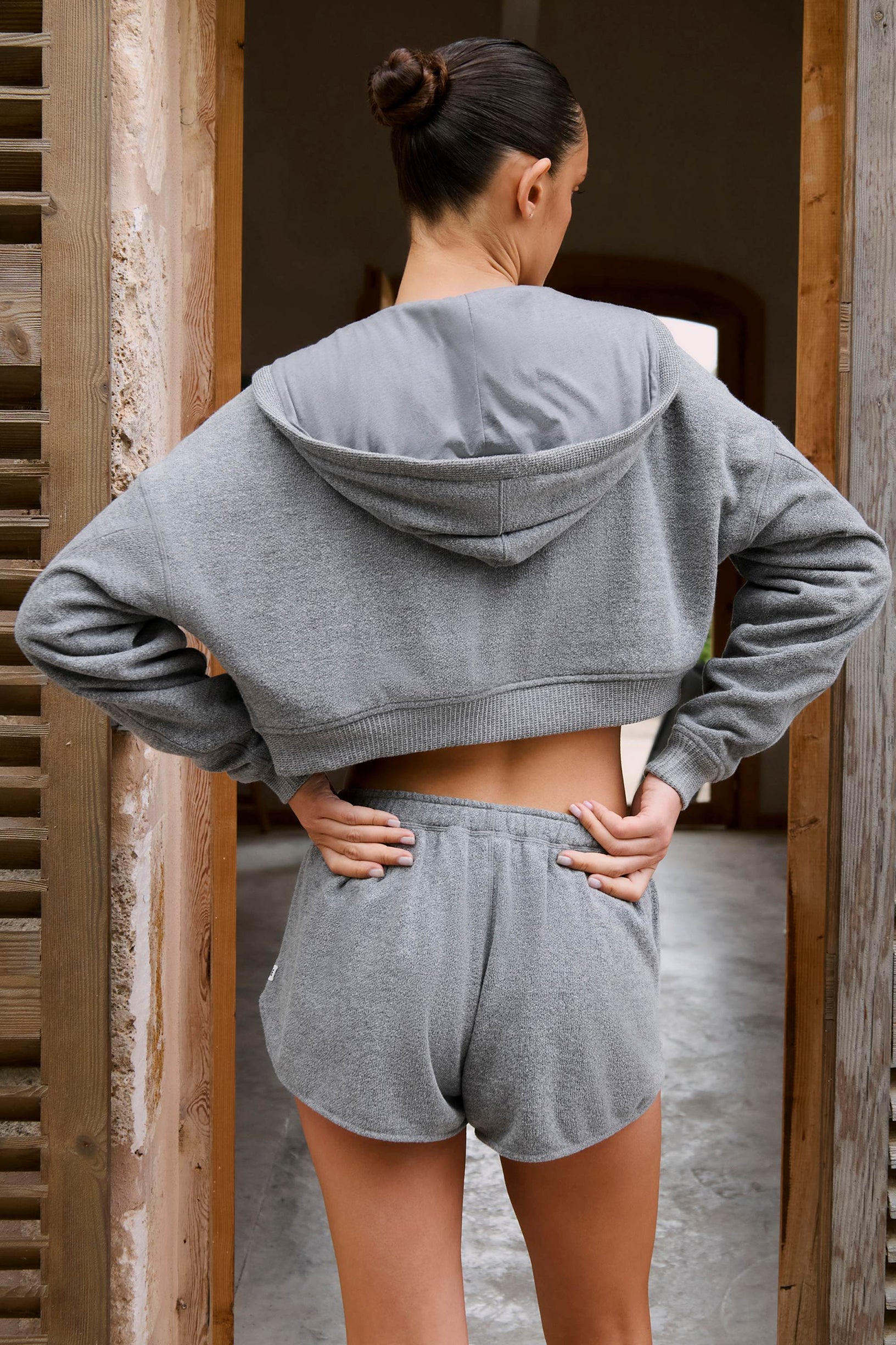 Terry Cotton Zip-Up Cropped Hoodie in Dark Grey - 2