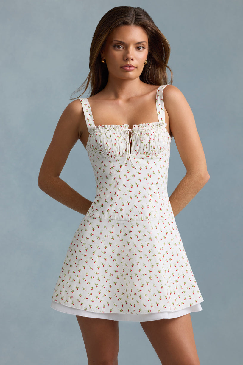 Lace-Up Cotton-Poplin Mini Dress in Rose Print - 1