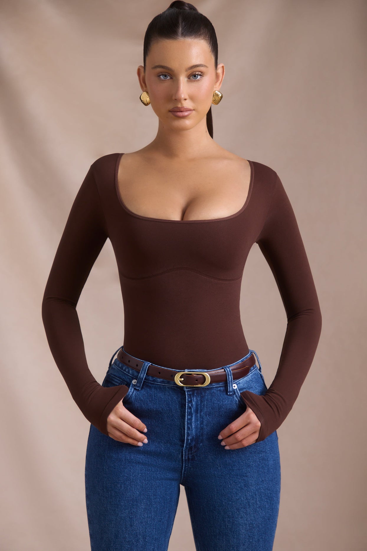 Seamless Long-Sleeve Bodysuit in Espresso