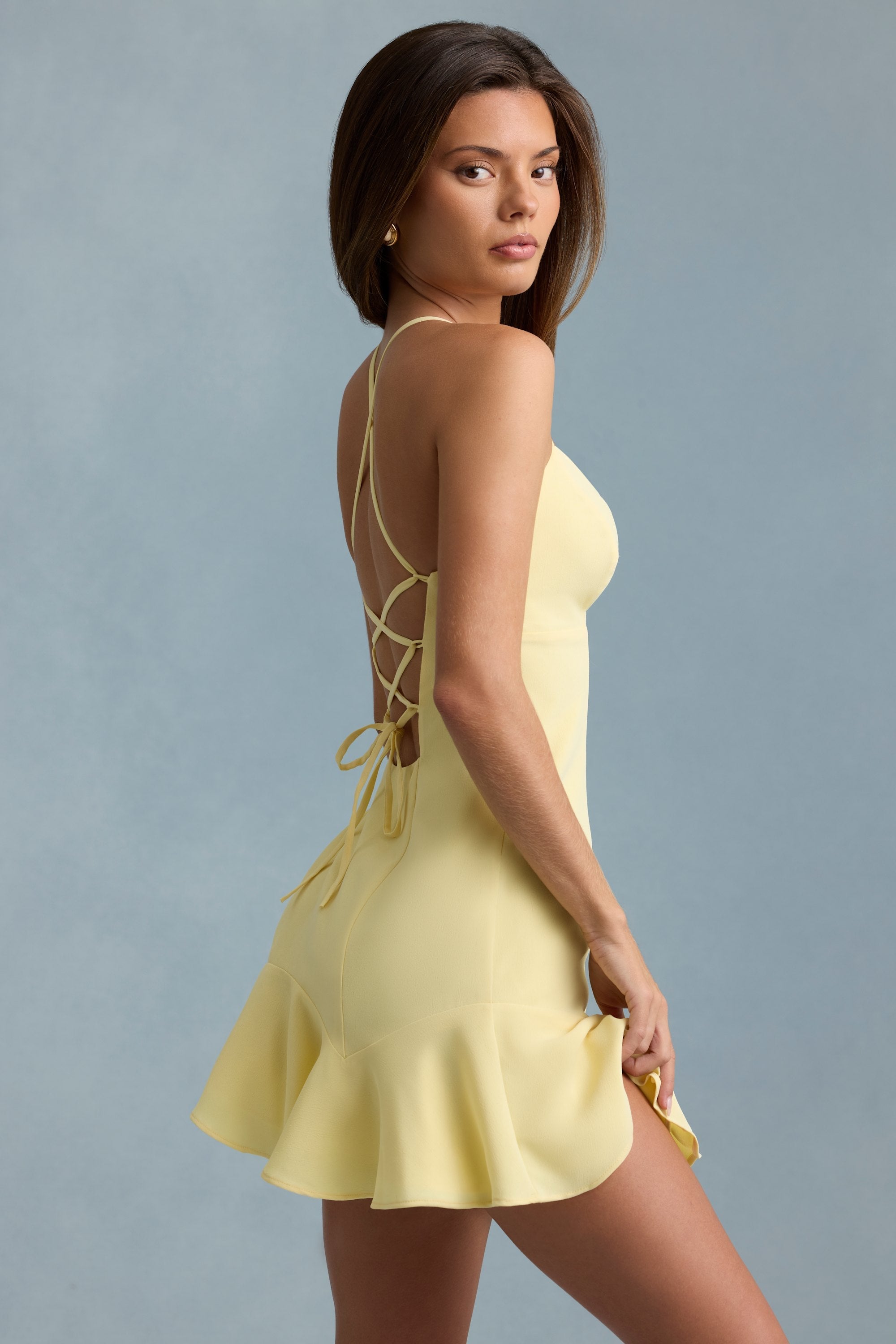 Drop-Waist Lace-Up Mini Dress in Yellow