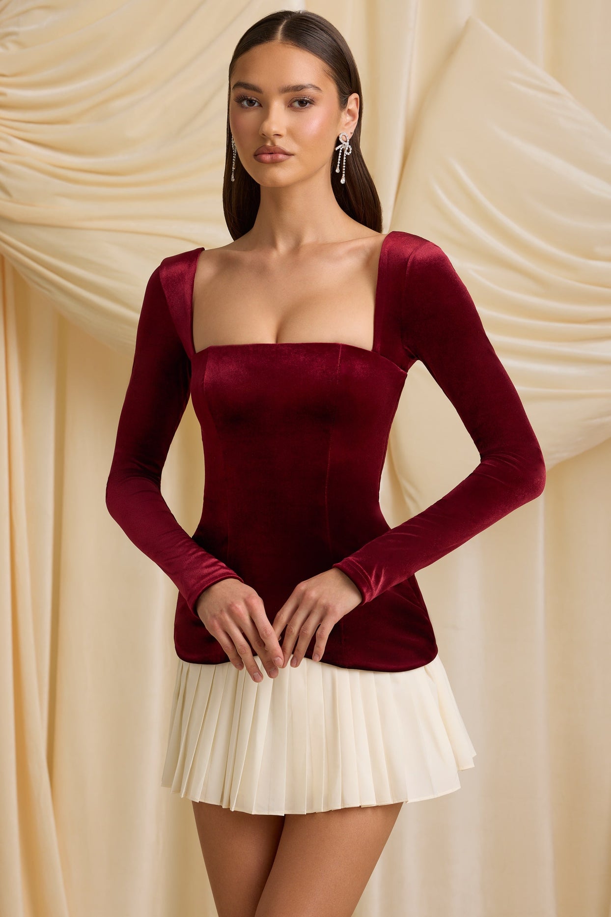 Layered Pleated Corset Mini Dress in Wine Red