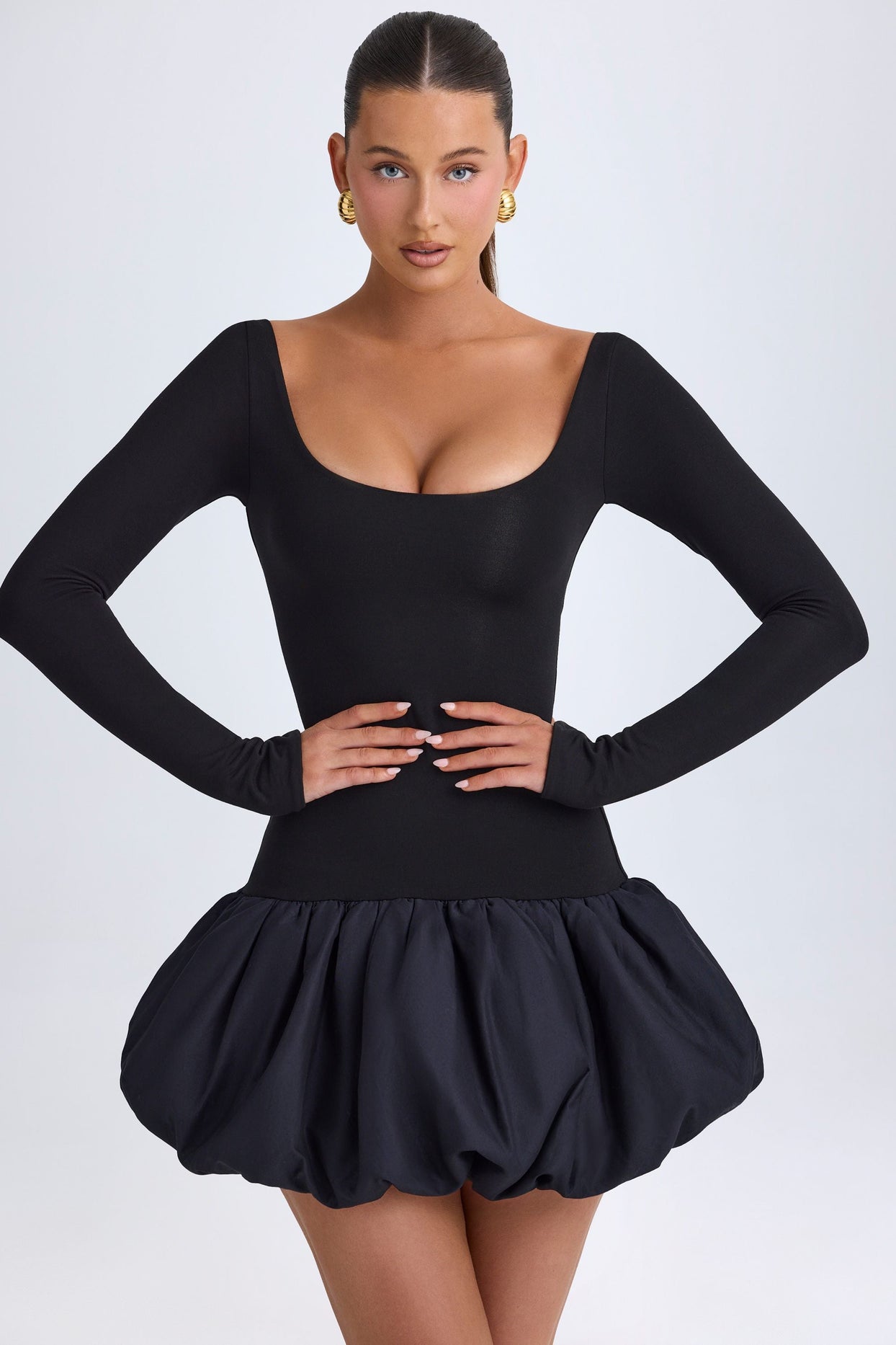 Modal Scoop-Neck Drop-Waist Bubble Hem Mini Dress in Black Modal Scoop-Neck Drop-Waist Bubble Hem Mini Dress in Black