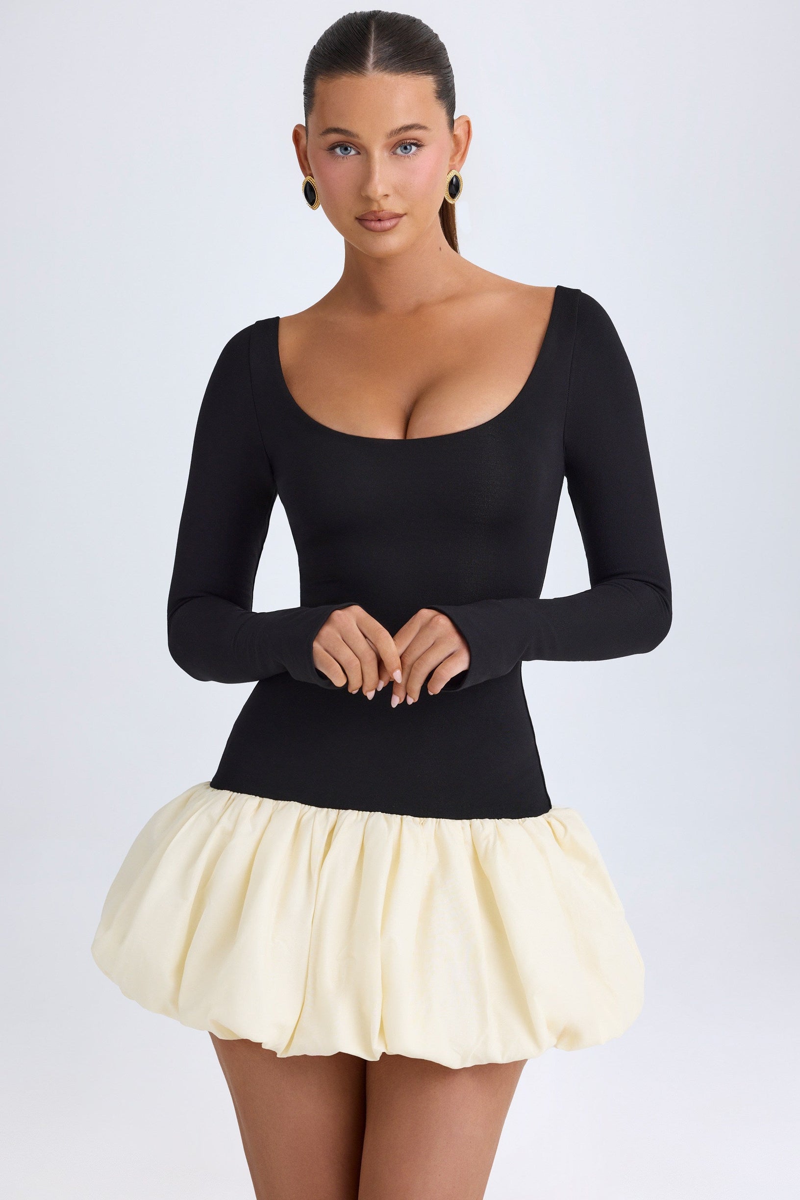 Modal Scoop-Neck Drop-Waist Bubble Hem Mini Dress in Vanilla - 2