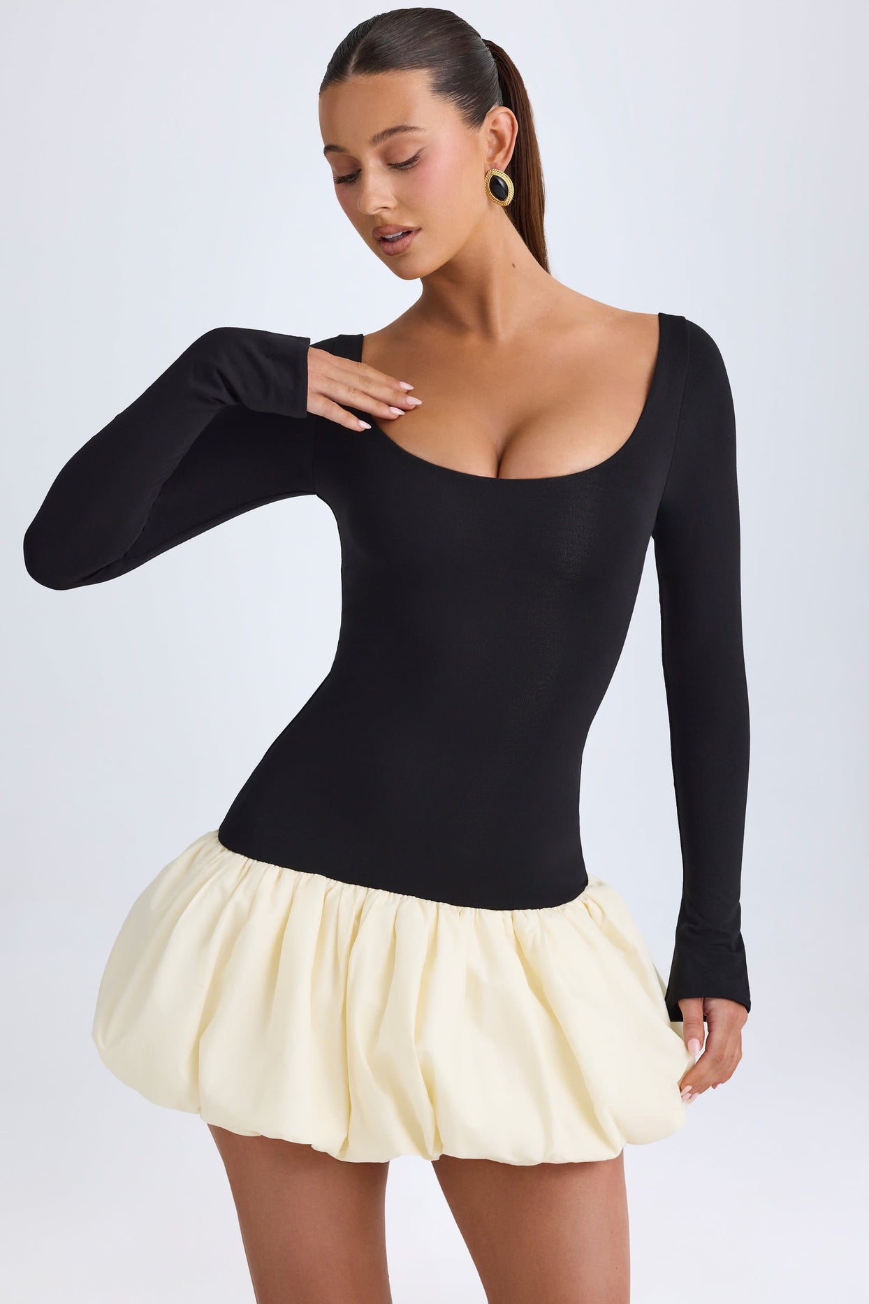 Scoop-Neck Drop-Waist Bubble Hem Mini Dress in Vanilla