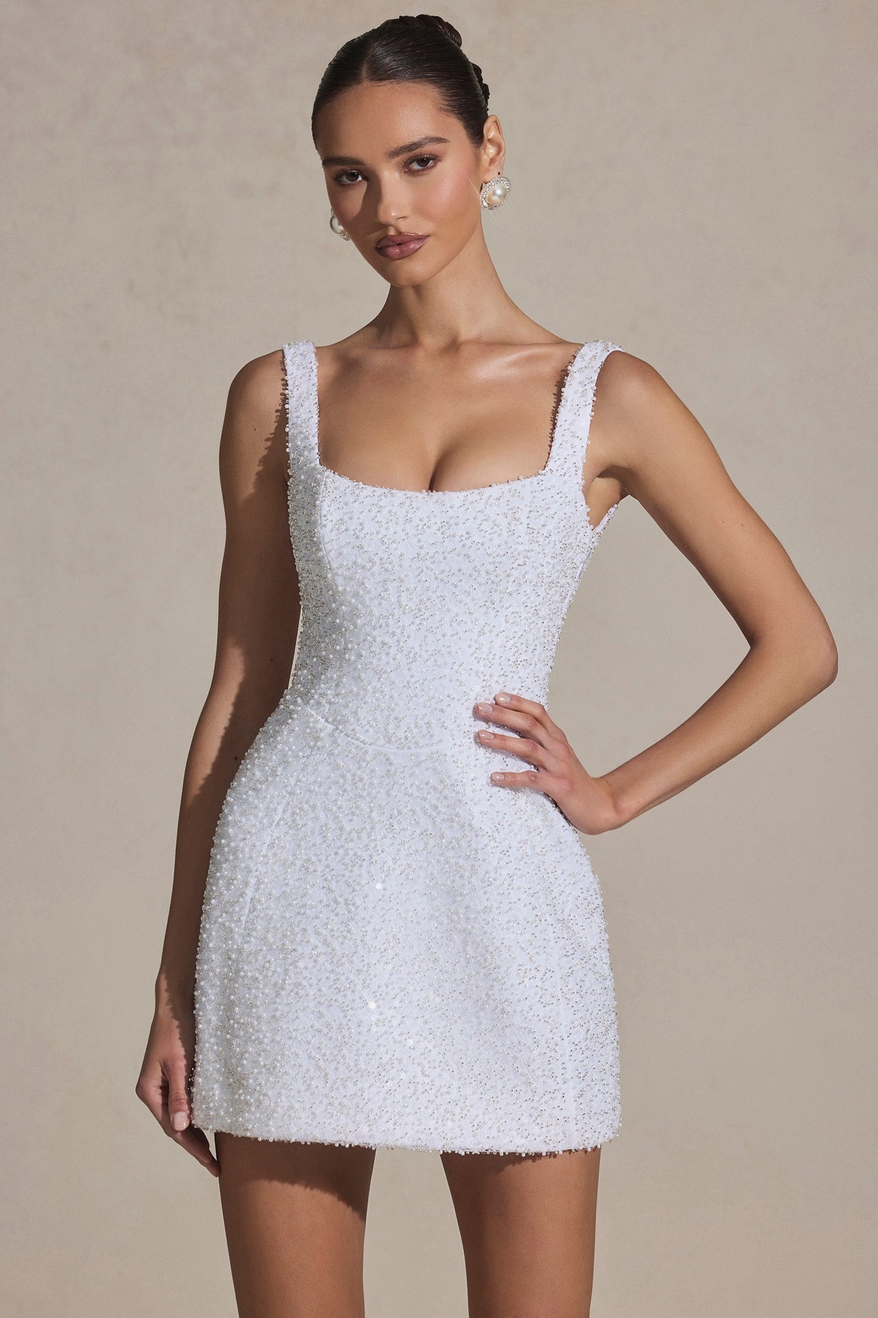 Dominique Embellished Structured A-Line Mini Dress in White