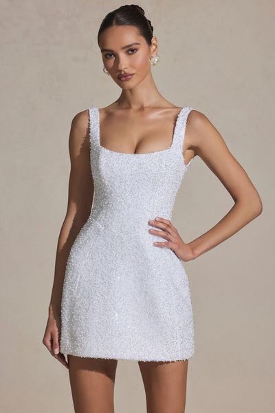 Beginning Boutique White Sequin Mini Dominique Embellished Structured  A-Line Mini Dress In White Oh Polly