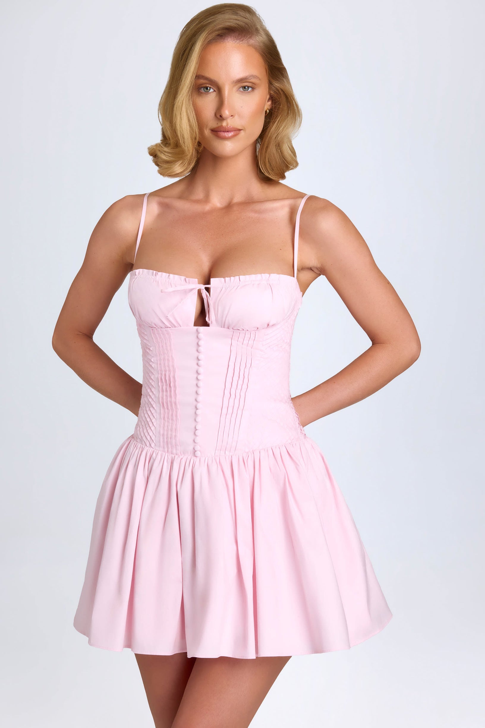 Pintucked Shirred Mini Dress in Blush - 1
