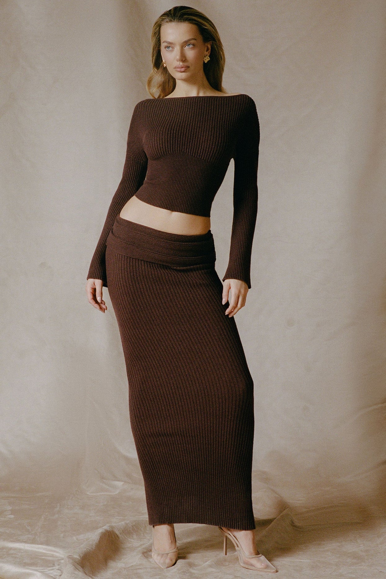 Ribbed-Knit Foldover Maxi Skirt in Espresso - Main Image