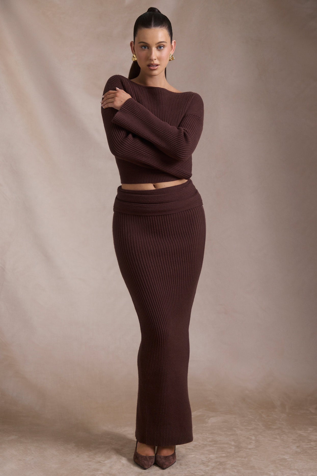 Ribbed-Knit Foldover Maxi Skirt in Espresso