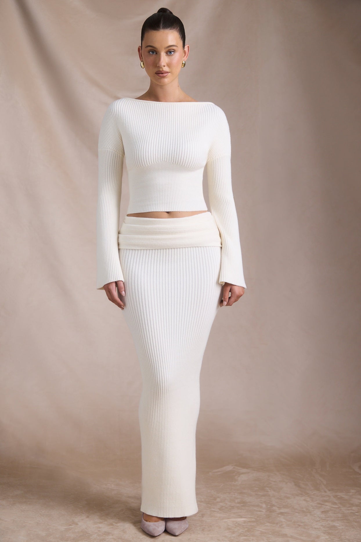 Ribbed-Knit Foldover Maxi Skirt in Ivory