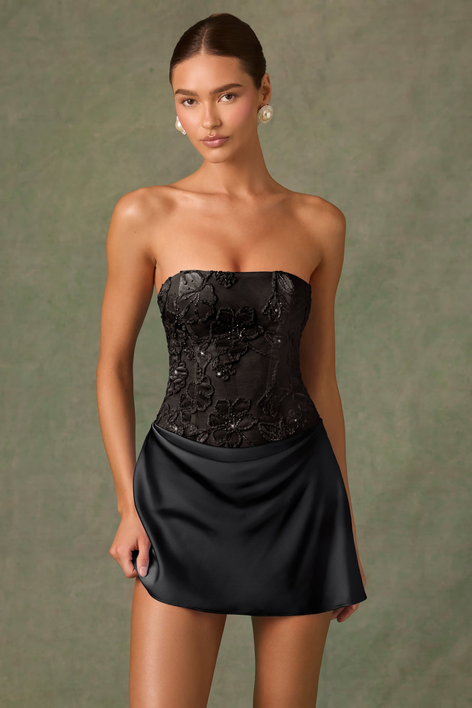 Embellished Draped Strapless A-Line Mini Dress in Black