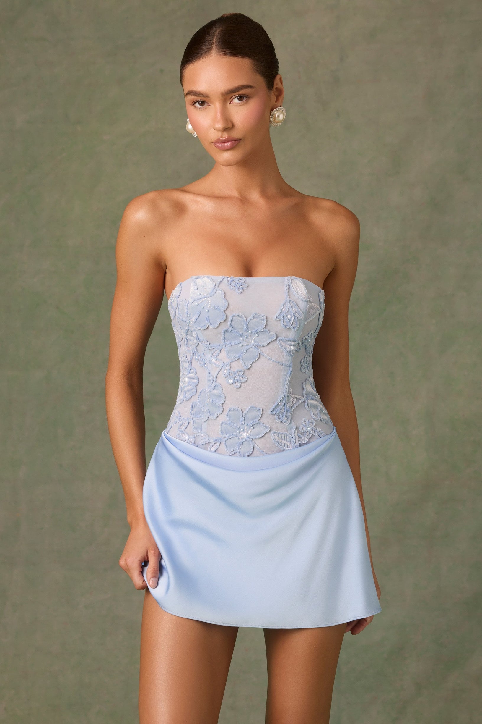 Embellished Draped Strapless A-Line Mini Dress in Sky Blue - 1