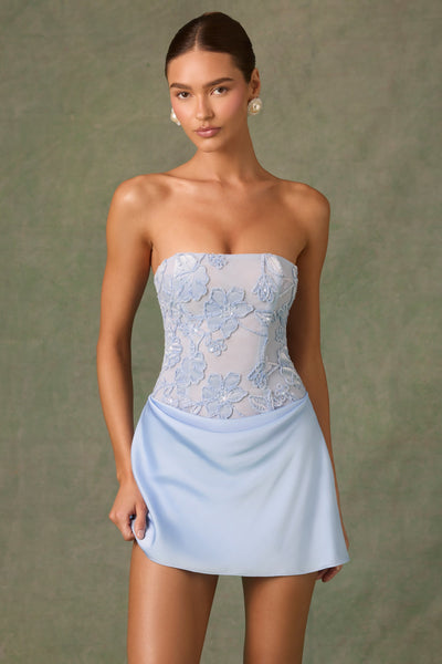 Eden Embellished Draped Strapless A-Line Mini Dress in Sky Blue | Oh Polly Eden Embellished Draped Strapless A-Line Mini Dress in Sky Blue | Oh Polly