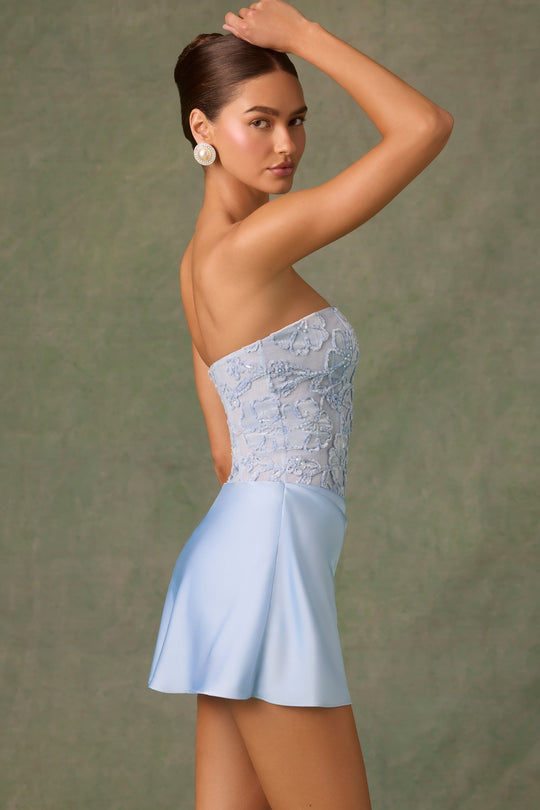 Eden Embellished Draped Strapless A-Line Mini Dress in Sky Blue | Oh Polly