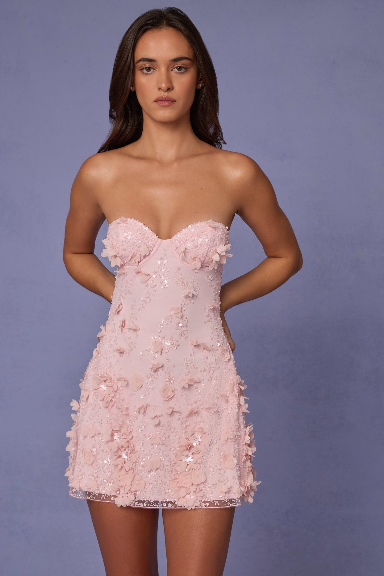 Embellished Bandeau A-line Mini Dress in Soft Pink