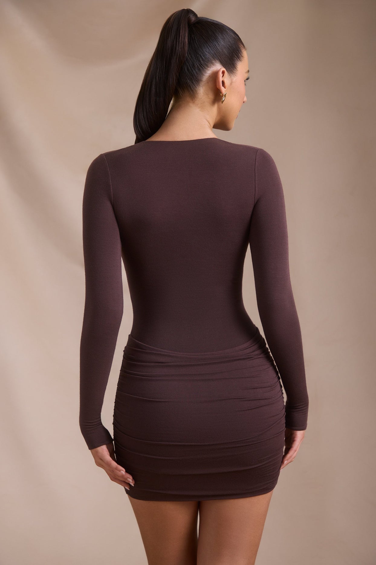 Modal-Cashmere Blend Draped Long-Sleeve Mini Dress in Espresso