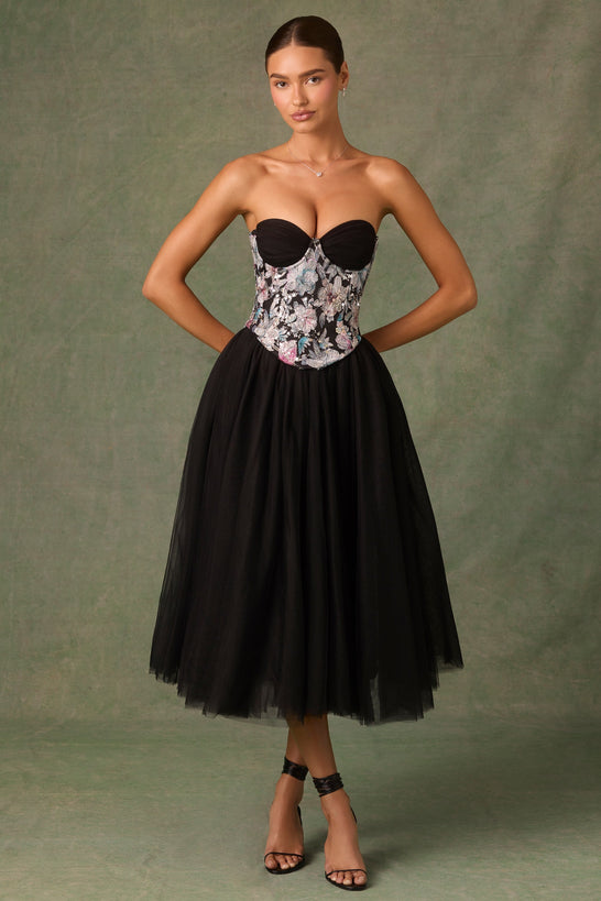 فستان كورسيه أسود بدون أكواب بنقشة زهرية