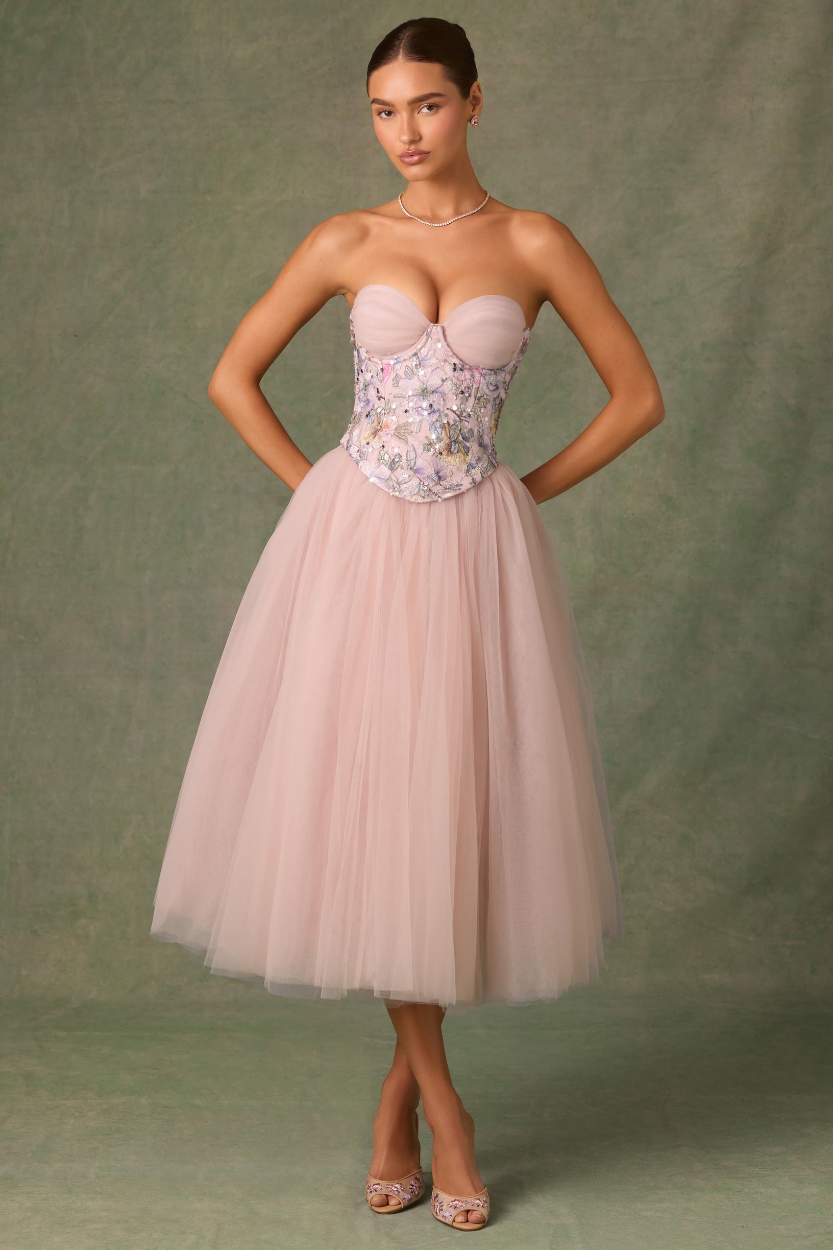 Embellished Lace-Up Cupless Corset in Floral Pink - 1