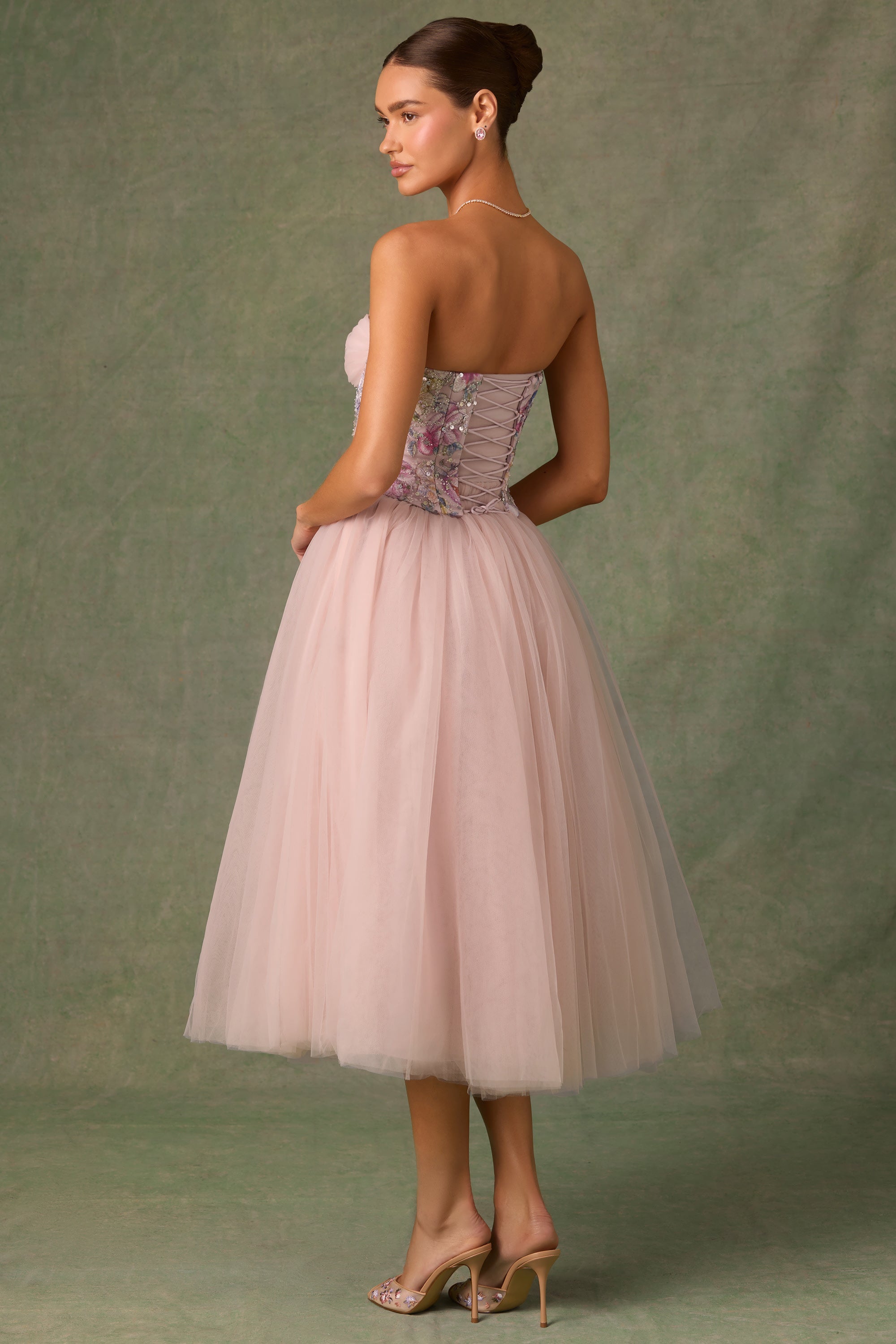 Embellished Lace-Up Cupless Corset in Floral Pink