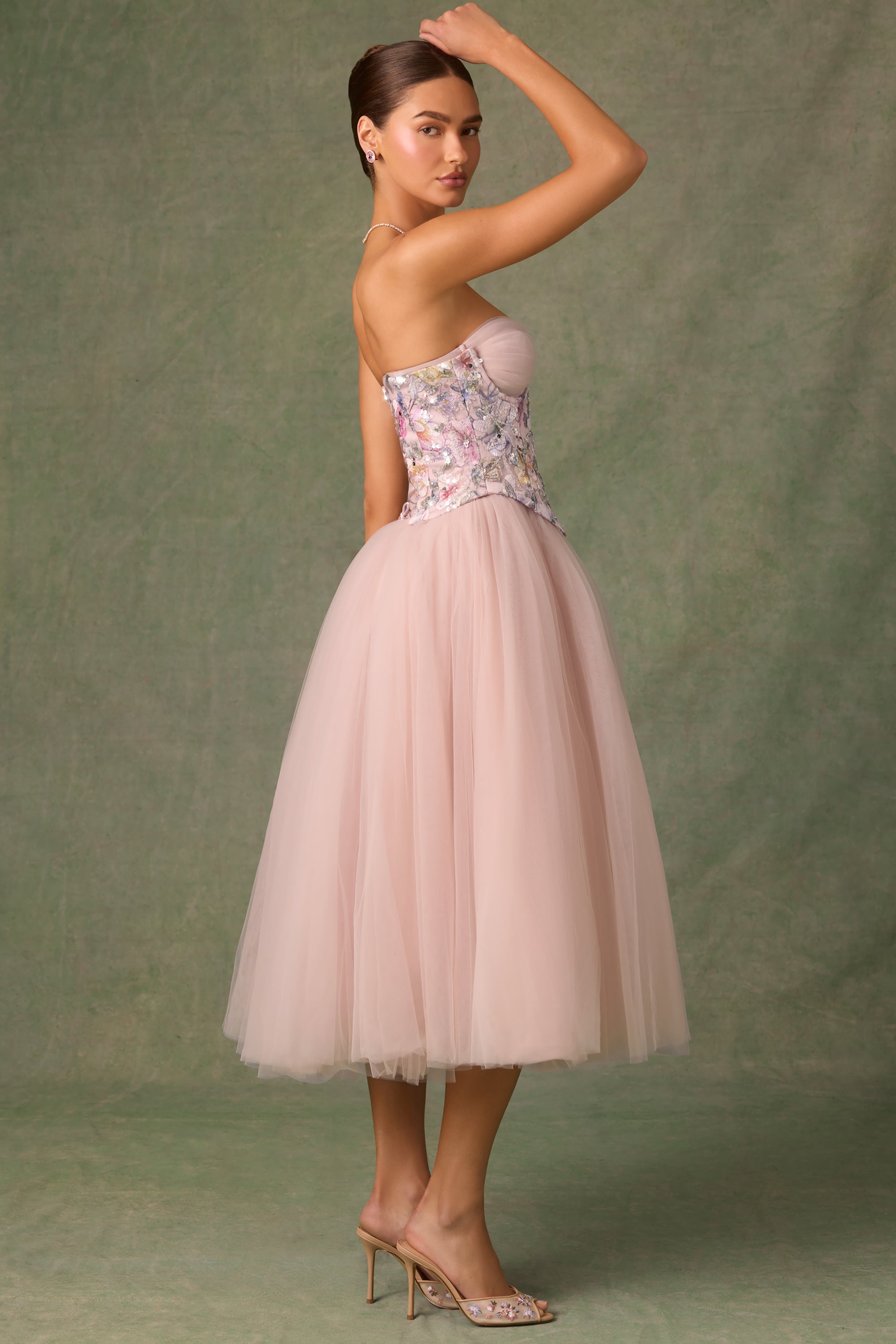 Embellished Lace-Up Cupless Corset in Floral Pink