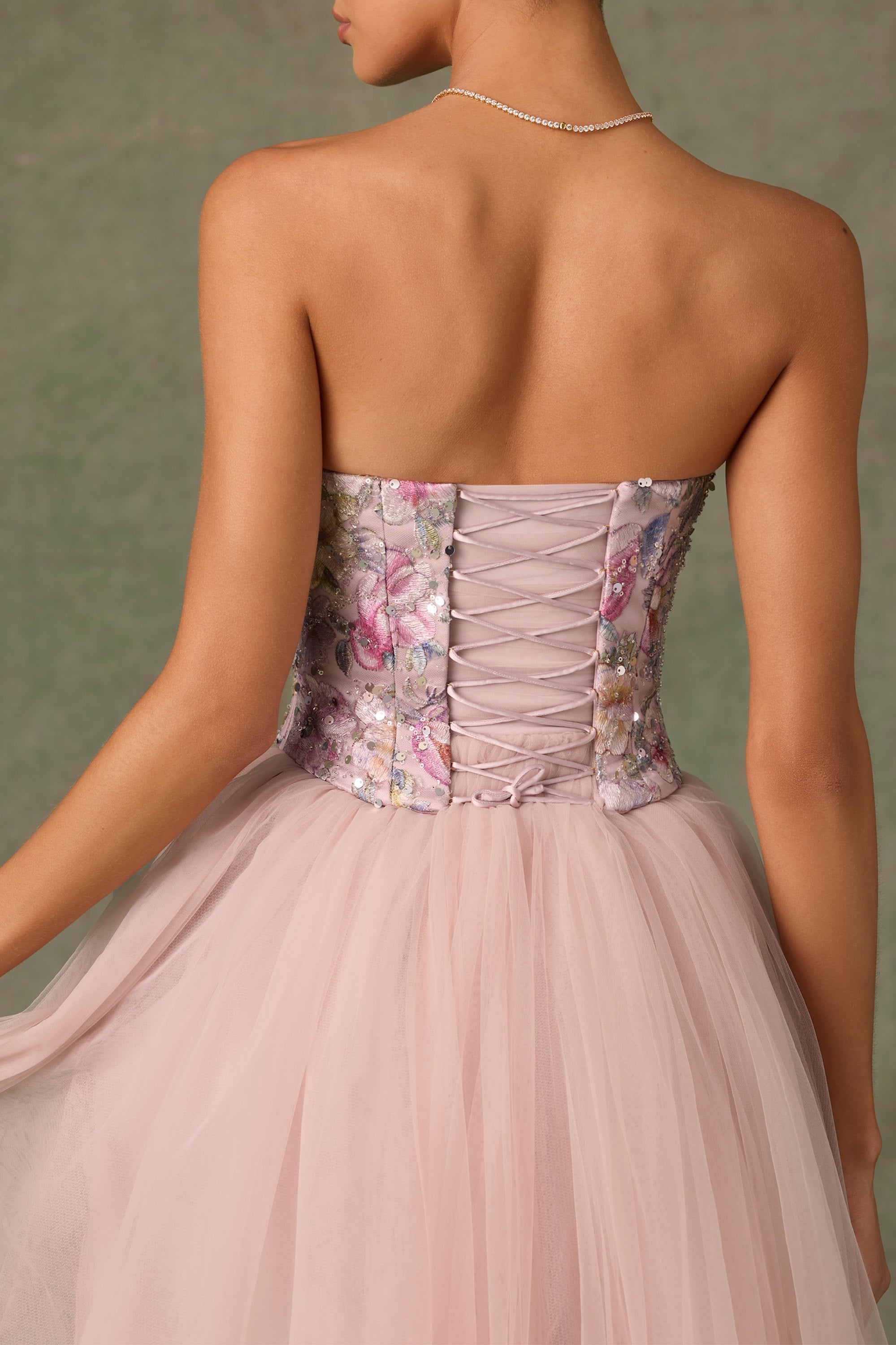 Embellished Lace-Up Cupless Corset in Floral Pink